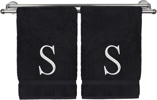 Monogrammed Hand Towel, Personalized Initial Gift, Extra Absorbent 100% Turkish Cotton - Soft Terry Finish - Set of 2 - White Block Initial S - Embroidered on Black Towels