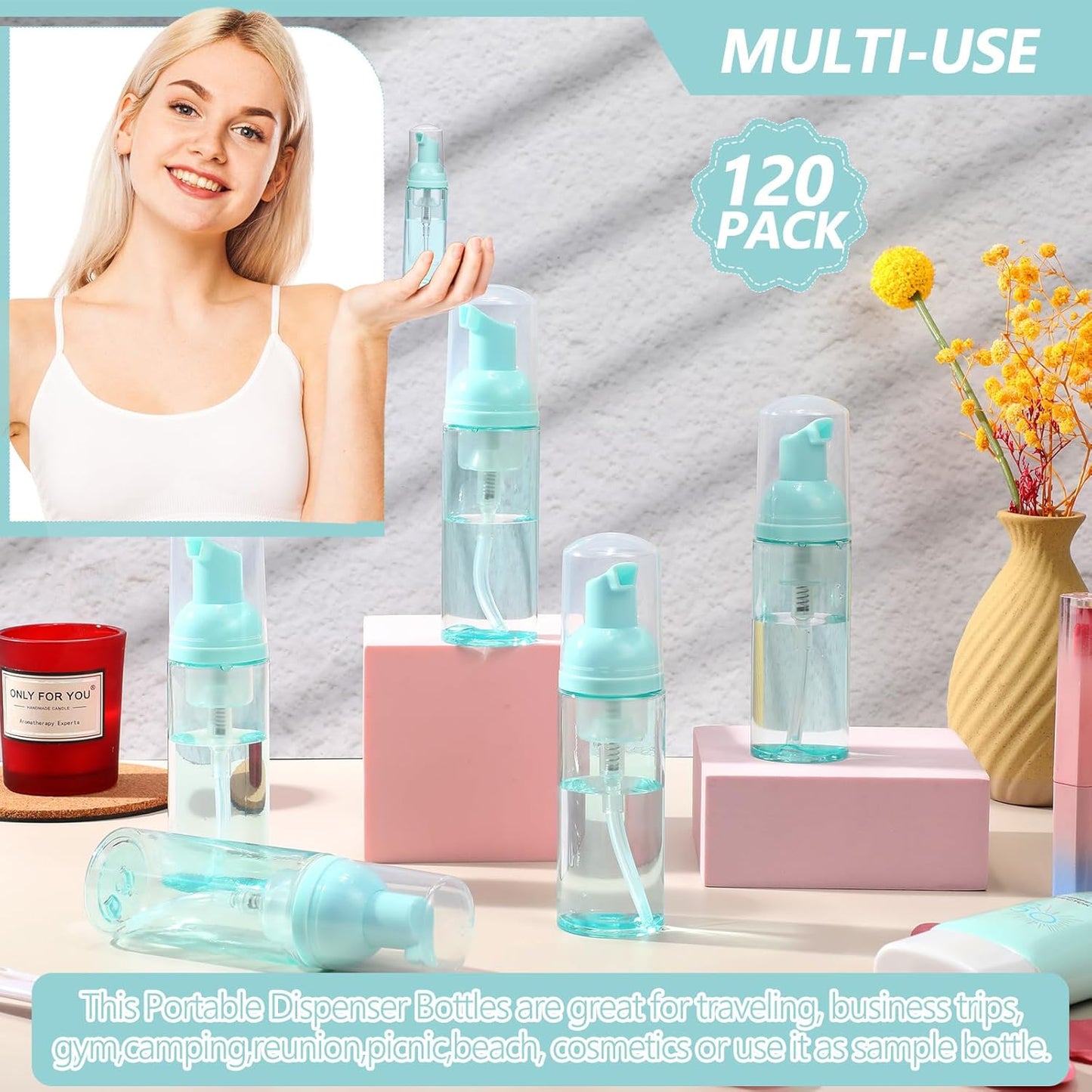 Dandat 120 Pcs 2 oz Plastic Foam Soap Dispensers Bulk Refillable Foaming Pump Bottle Empty Mini Shampoo Lash Cleaning Bottles for Travel Cosmetics Hand Soap(Green)