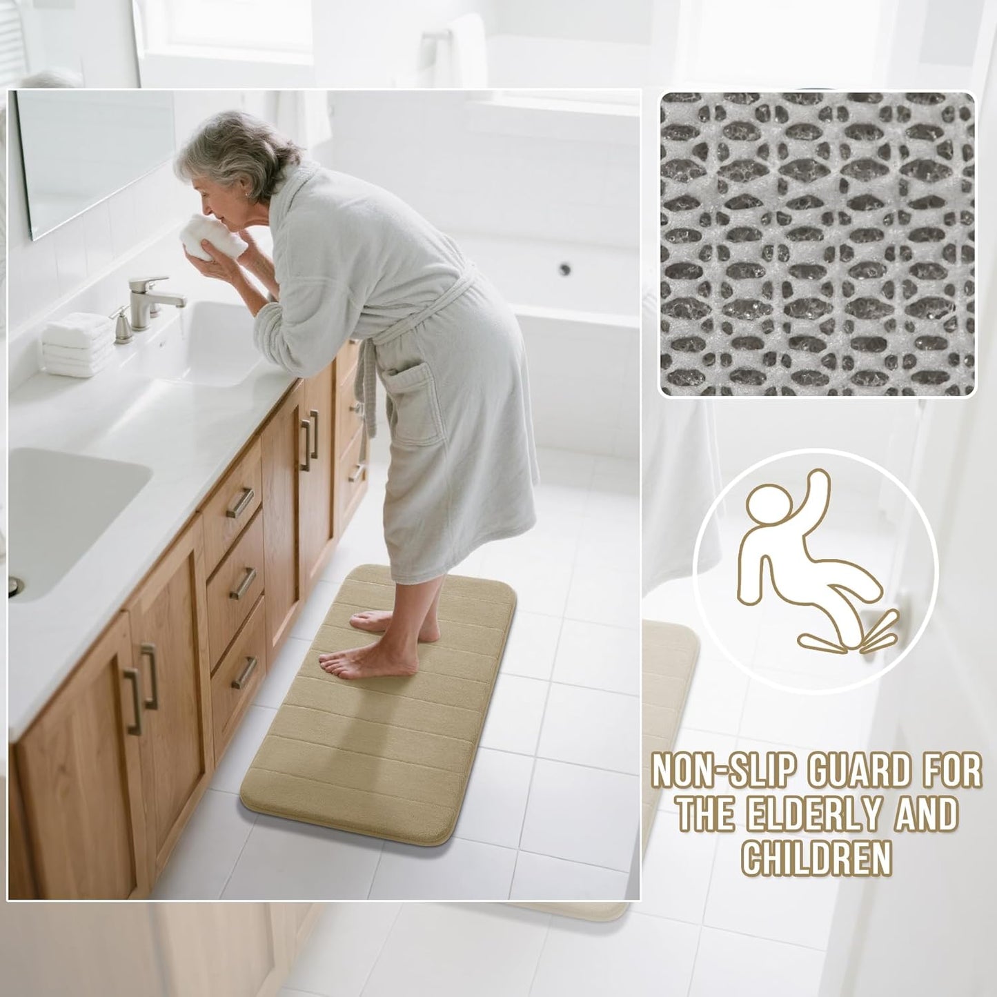 Yimobra Memory Foam Bath Mat, Super Soft Absorbent Bathroom Rug Non Slip 24x17 Inch, Quick Dry, Machine Washable Floor Carpet for Tub Shower, Home Decor Accessories, Pale Khaki