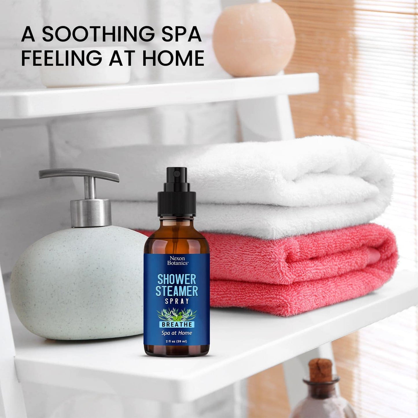Breathe Shower Steamer Spray 2 fl oz - Aromatherapy Mist with Rosemary, Peppermint, Eucalyptus Essential Oil Blend - Refreshing Spa at Home Steam Spray - Nexon Botanics