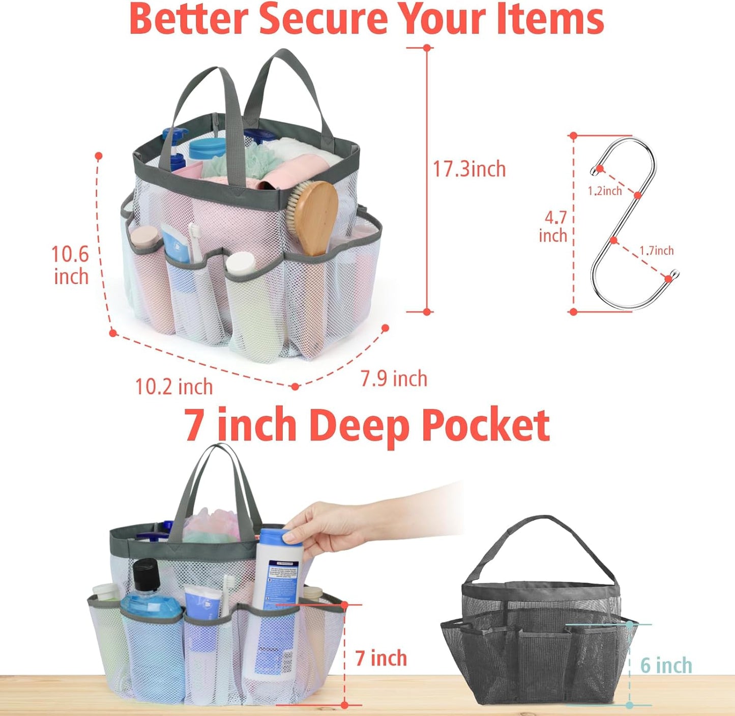 F-color Mesh Shower Caddy Portable, Upgrade Deeper 7 Pockets Shower Bag Basket Tote for College Dorm Room Toiletry Bathroom Essentials Gym Camp Quick Dry 2 handles with S Hook, White