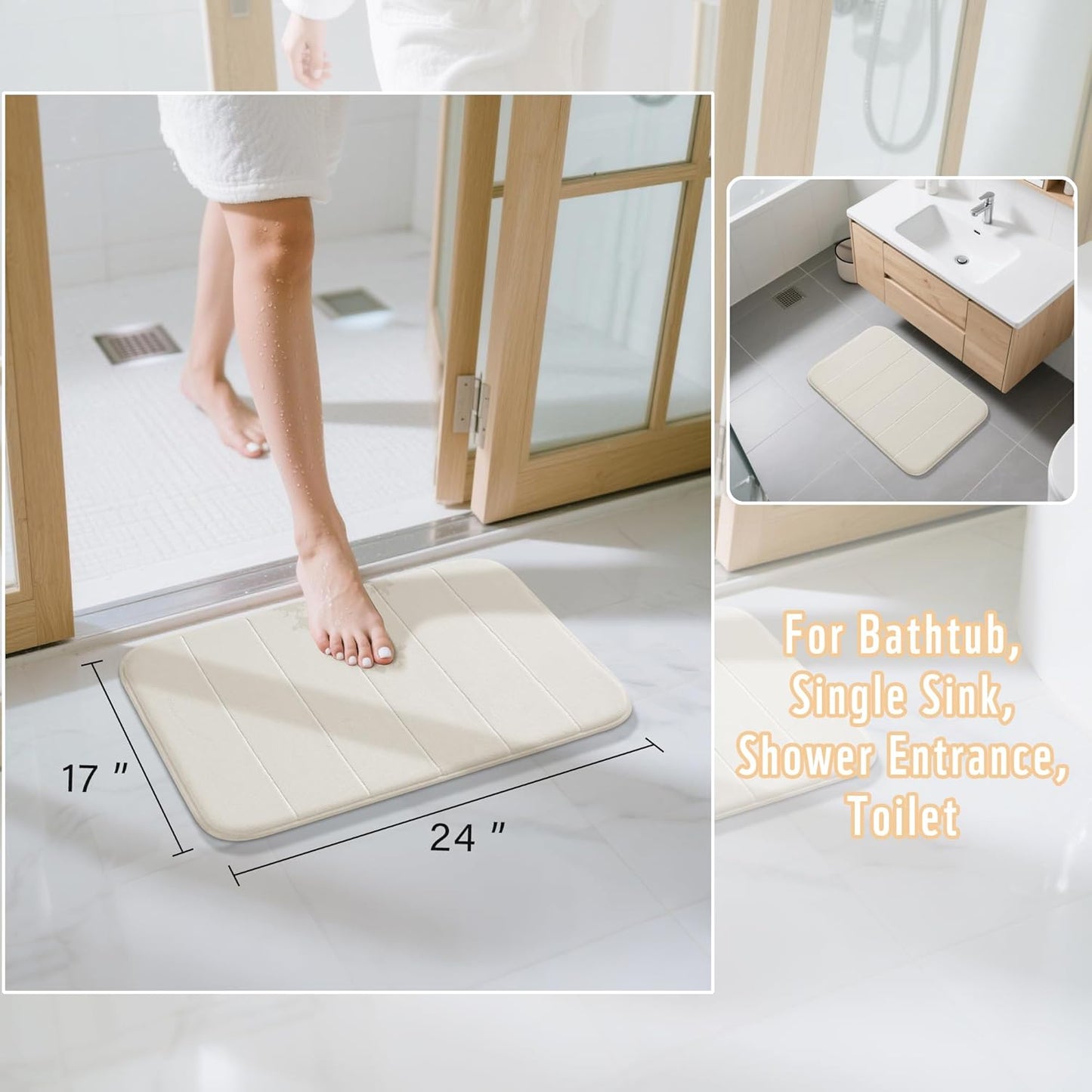 Yimobra Memory Foam Bath Mat, Super Soft Absorbent Bathroom Rug Non Slip 24x17 Inch, Quick Dry, Machine Washable Floor Carpet for Tub Shower, Home Decor Accessories, Cream