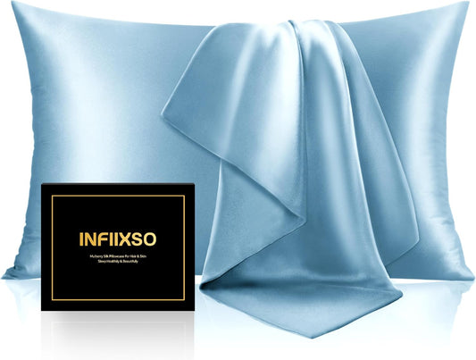 INFIIXSO Mulberry Silk Pillow Cases King Size Set of 2, Silk Pillowcase with Hidden Zipper 20"x36", Extraordinary Smooth and Soft Pillow Case for Hair and Skin(Light Blue, 2 Pack)