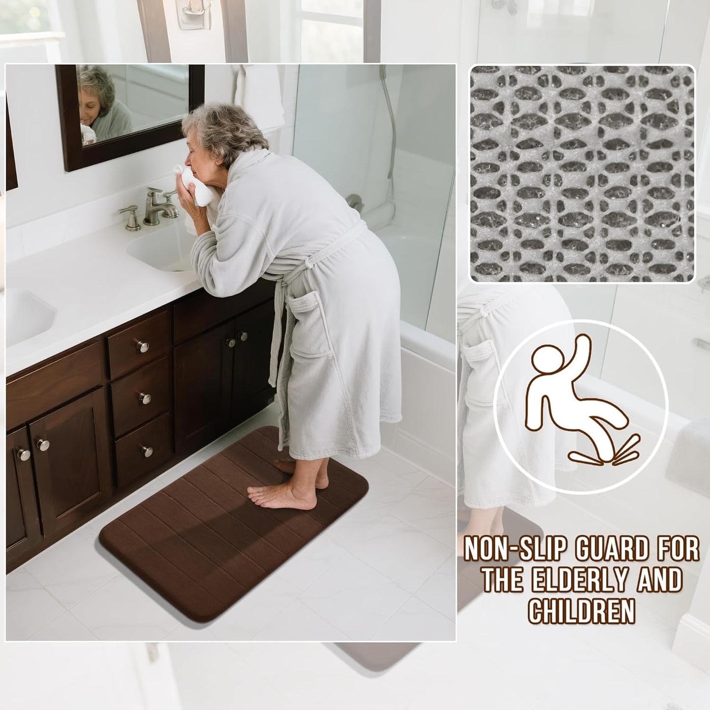 Yimobra Long Bath Mat 44"x24", Super Soft Quick Dry Memory Foam Bathroom Rug, Water Absorbent, Non Slip Backing Machine Washable for Tub Shower, Thick Comfort Support, Brown