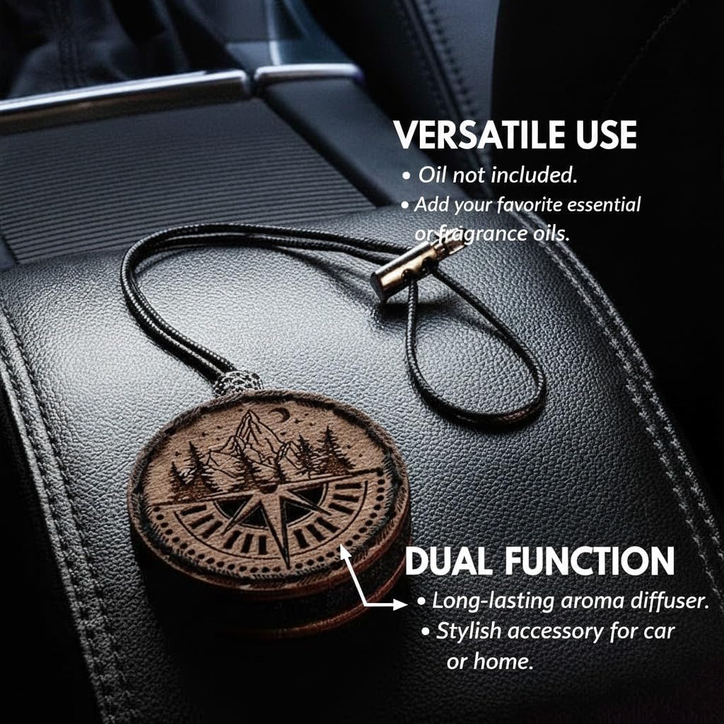 Wood Car Air Freshener — Compass Mountains — Handmade Unscented DIY Essential Oil Hanging Diffuser with Felt Insert — Add Your Own Oils — Refillable — Car/Truck/SUV — Cardboard Box