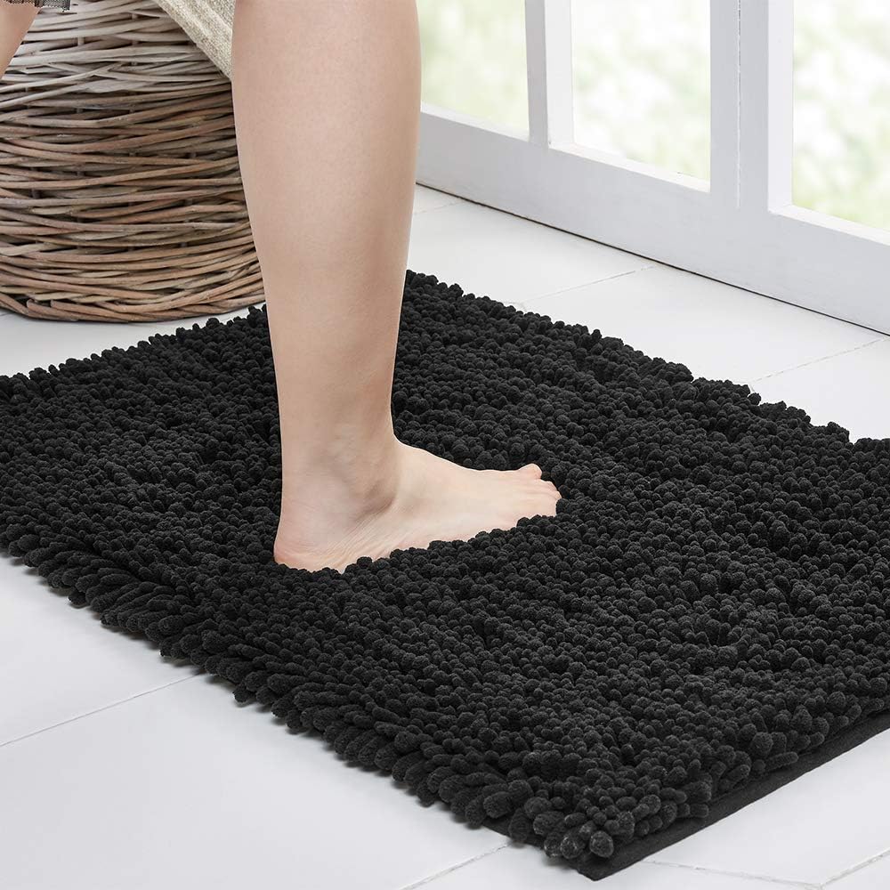 Walensee Large Bathroom Rug Non Slip Bath Mat (72x24 Inch Black) Water Absorbent Super Soft Shaggy Chenille Machine Washable Dry Extra Thick Perfect Absorbant Best Plush Carpet for Shower Floor
