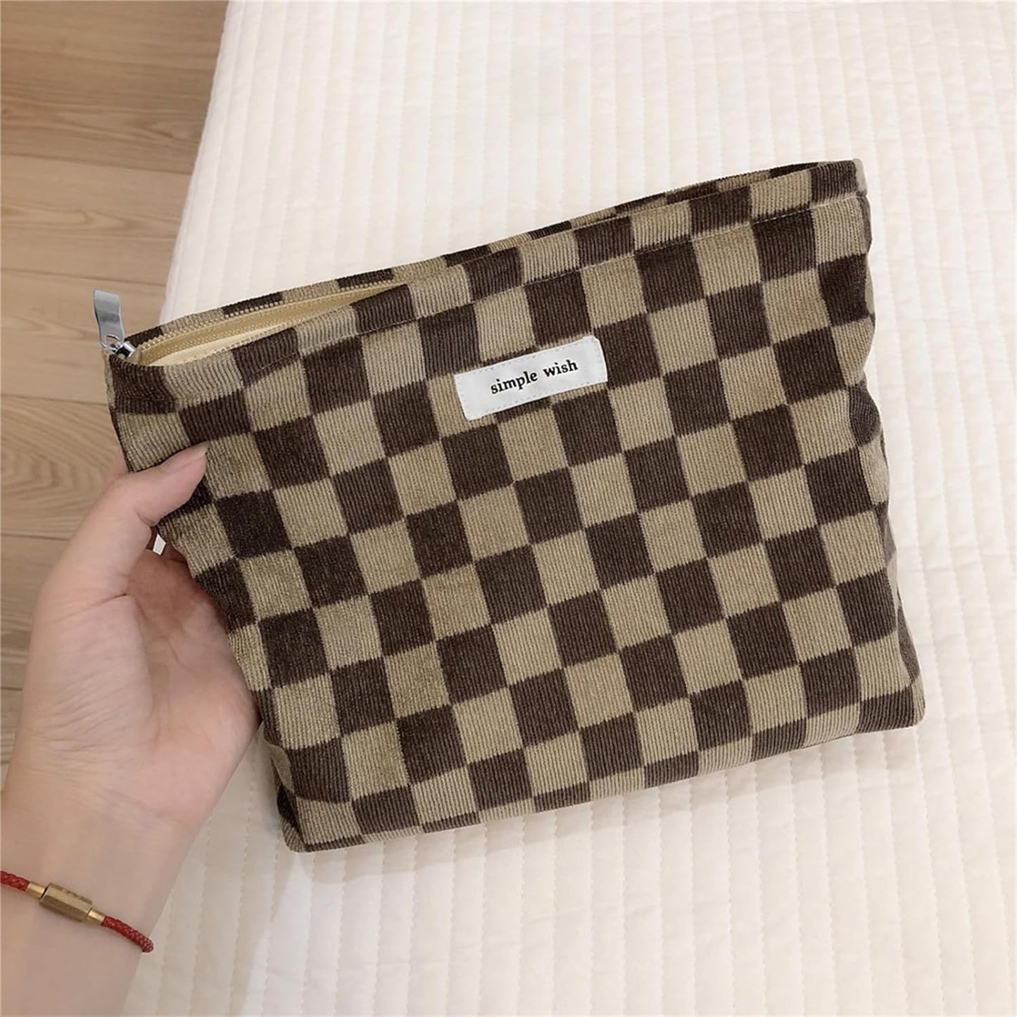 Wudygirl Travel Cosmetic Bag Checkered Makeup Bag Canvas Makeup Pouch for Women Toiletry Pouch Large Capacity Make up Organizer with Zipper Aesthetic (Brownish Checkered)