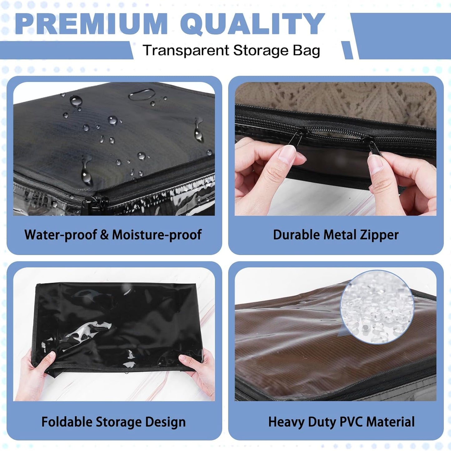 Clear Zippered Storage Bags Plastic Sweater Storage Bags with Zipper 6 Packs Clothing Organizer for Blankets Linen Sweater Bed Sheet Quilt Clothes Pillow (10.5 x 10.5 x 2.5 Inch, Black)