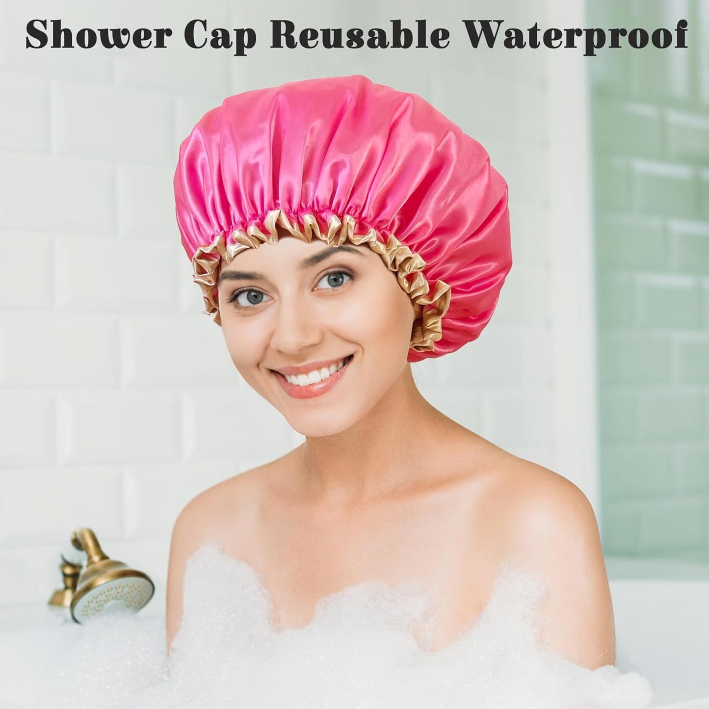 Shower Cap Reusable Waterproof, Large Shower Cap for Women, Shower Caps for Braids Long Hair, Double Layer Satin Plastic Hair Cap for Shower