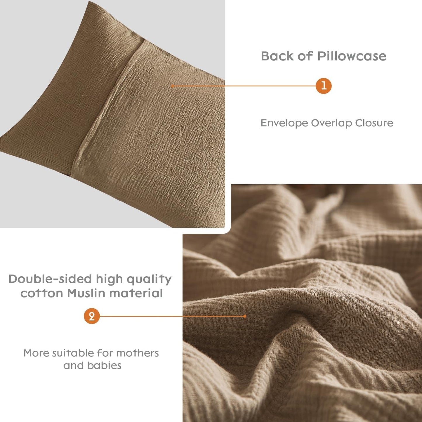 SE SOFTEXLY Muslin Pillowcases Standard Size 100% Cotton, 2 Pack Linen Like Pillow Shams with Envelope Closure, Ultral Soft and Breathable Pillow Case Covers, Light Brown, 20" X 26", No Filling