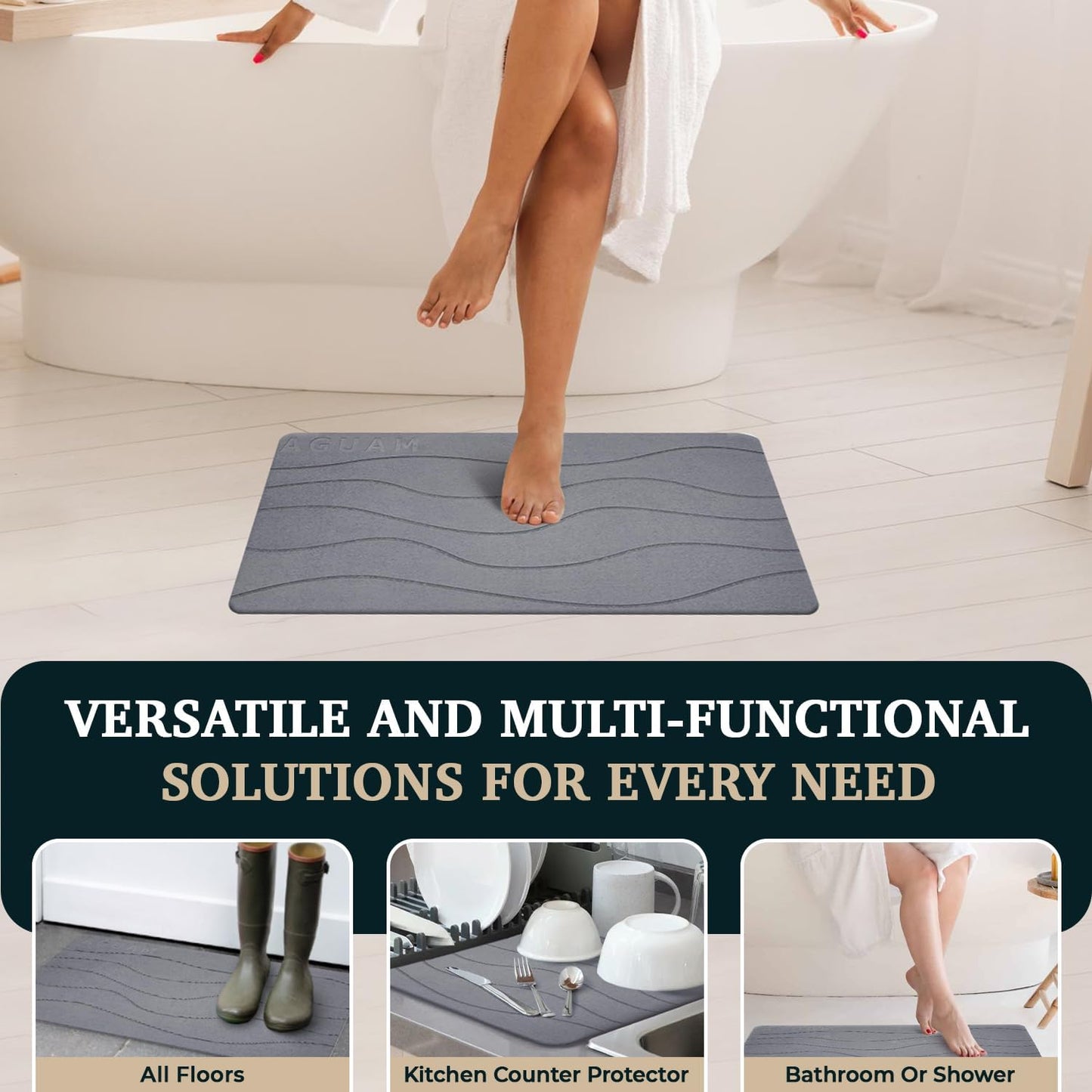 23" x 15" Diatomaceous Earth Shower Non Slip Stone Bath Mat | Quick Dry Super Absorbent Large Mats for Kitchen | Anti-Slip Fast Drying Water Absorbing Stone Bath Mats for Bathroom | Engr-Gray