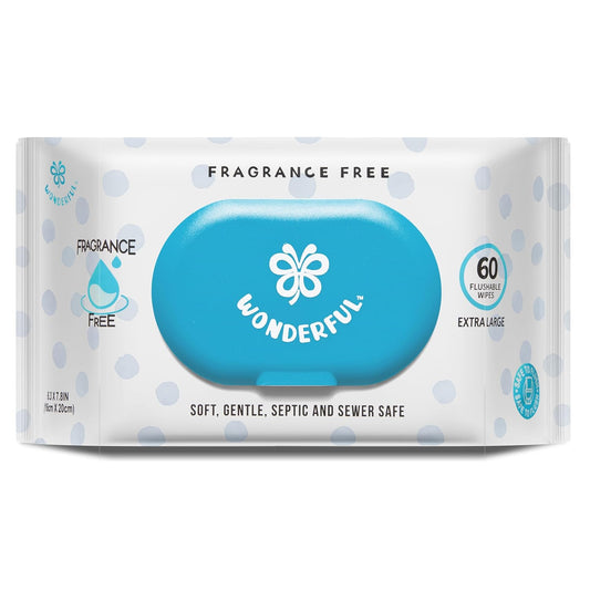 WONDERFUL Flushable Butt Wipes, Unscented 100% Plant-Based Wet Wipes for Adults & Kids, Sewer & Septic Safe, Gentle for Sensitive Skin, Wipes Flushable Pack for Bathroom & Travel, 1-Pack (60 Wipes)