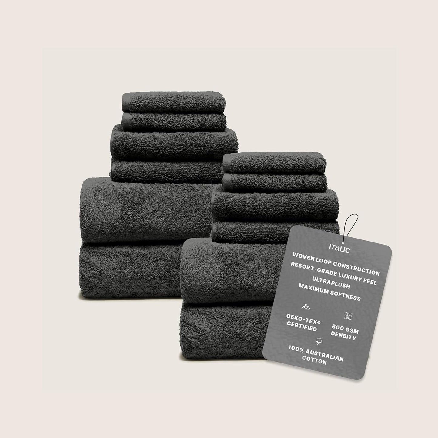 Italic Ultraplush 12-Piece Family Towel Set – Luxury Bath Towels, Hand Towels & Washcloths – Heavy Duty 800GSM Quick Dry, Plush & Absorbent 100% Australian Cotton (Charcoal)