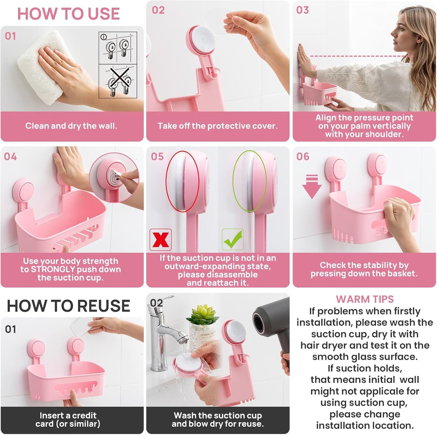 LEVERLOC Shower Caddy Suction Cup Set Shower Organizer & Soap Holder & Toothbrush Holder, Bathroom Shelf Basket NO-Drilling, Removable Suction Storage Waterproof Bathroom Caddy, Pink