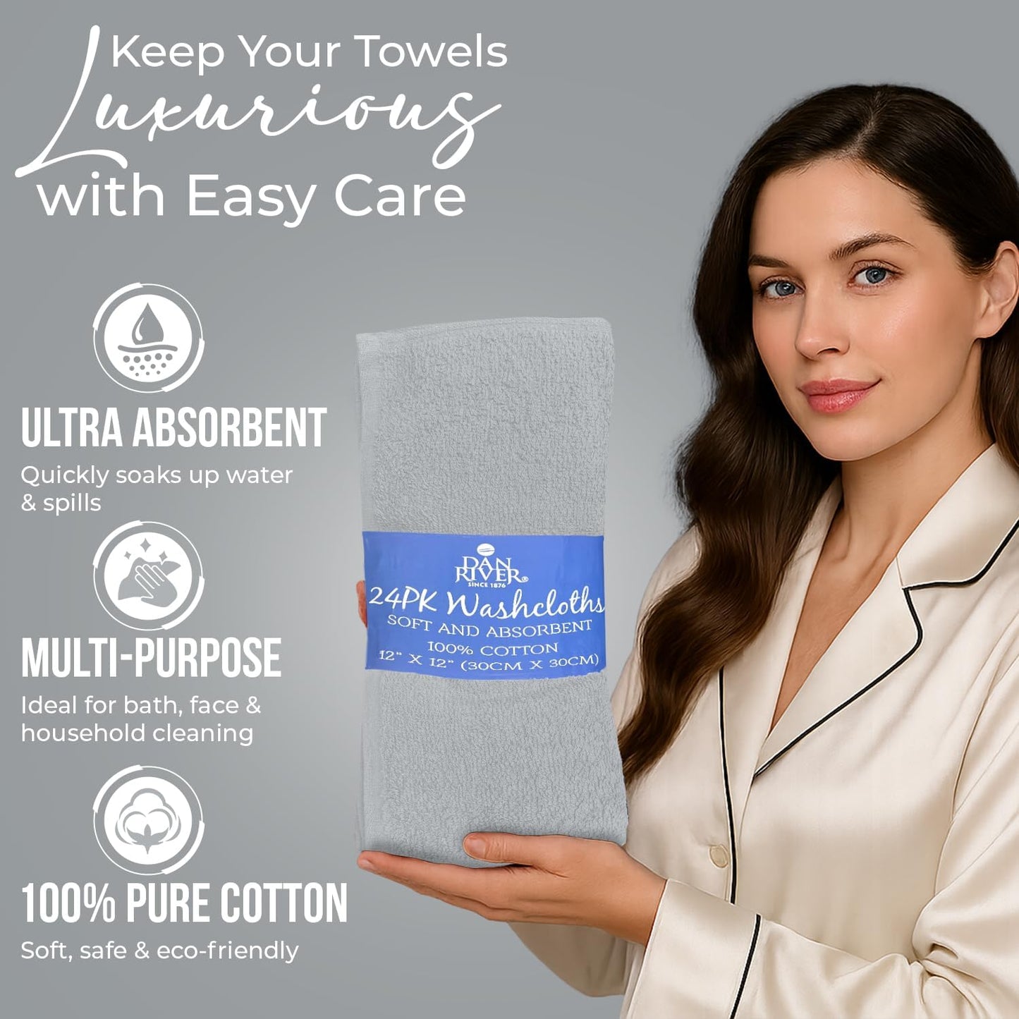 DAN RIVER 100% Cotton Wash Cloths 24 Pack [12x12] Soft & Absorbent Terry Cloth washcloths, Gym, Hotels & Spa Perfect for Everyday Use Fingertip Towels, Silver