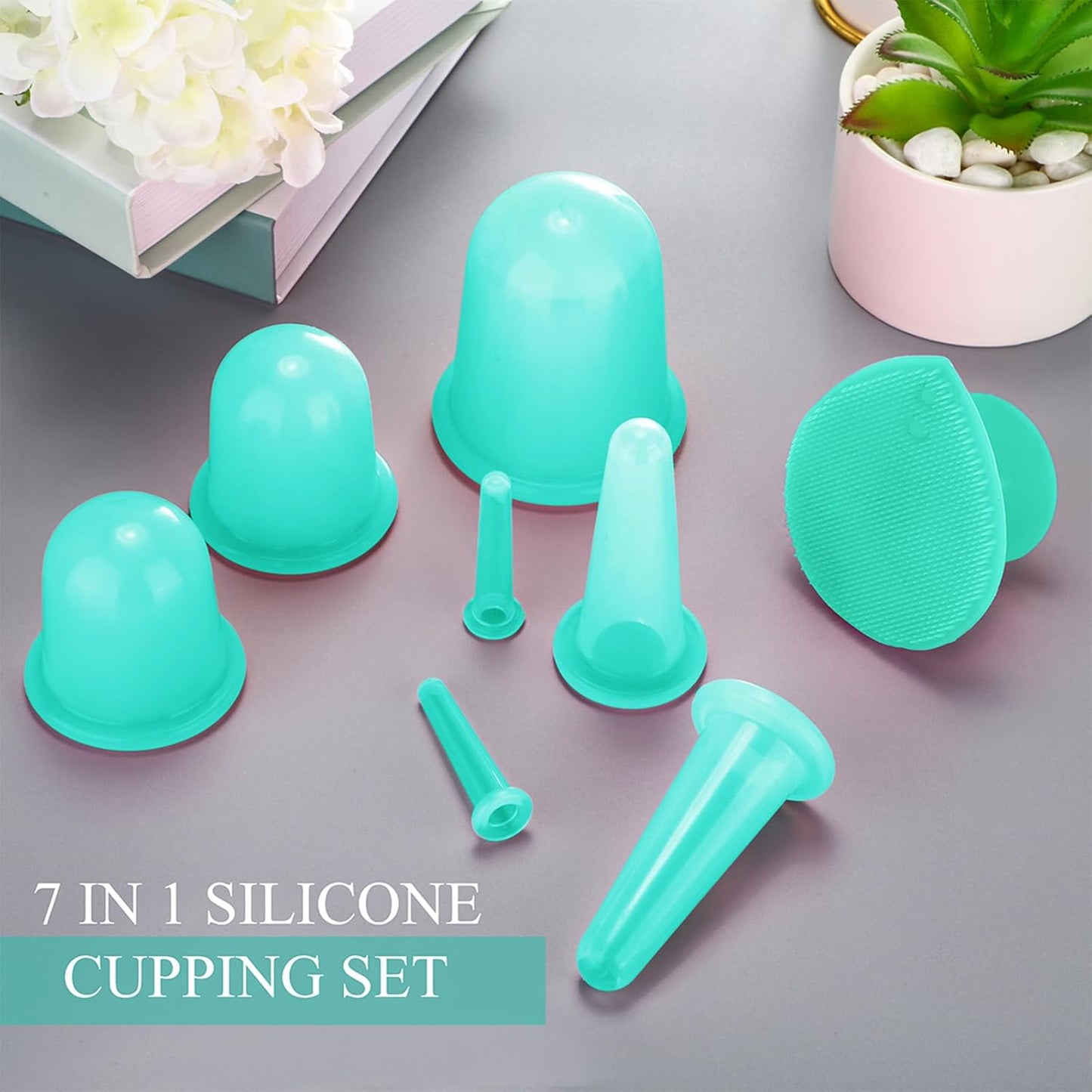 BBTO Silicone Facial Cupping Set, Vacuum Massage Cup Kit for Body, Face, Neck, Back, and Eye, 6 Cups and Exfoliating Brush (Mint Green)