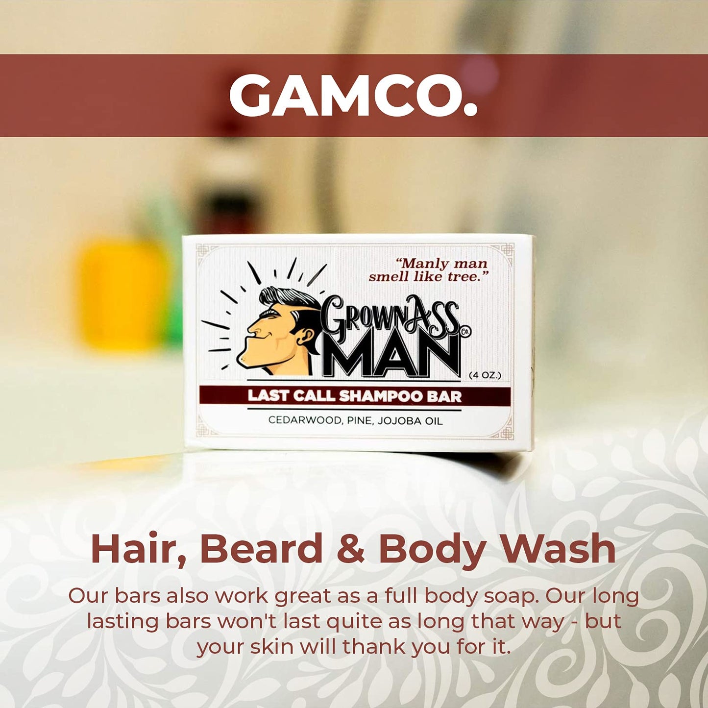 Grown Ass Man Co. - Solid Shampoo Bar Rich Lather 3 in 1: Hair, Beard & Body Wash - Plastic Free & Eco-Friendly, Natural & Organic Clean for All Hair Types, 4oz Bar (Last Call, Single)