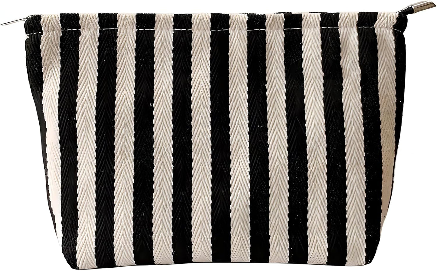 Makeup Bag for Women, Striped Makeup Bag, Travel Makeup Pouch for Purse, Canvas Cosmetic Bag with Zipper lining , Small Travel Pouch for Toiletry, Sunscreen, Sunblock, Hygiene, Skincare, Medicine