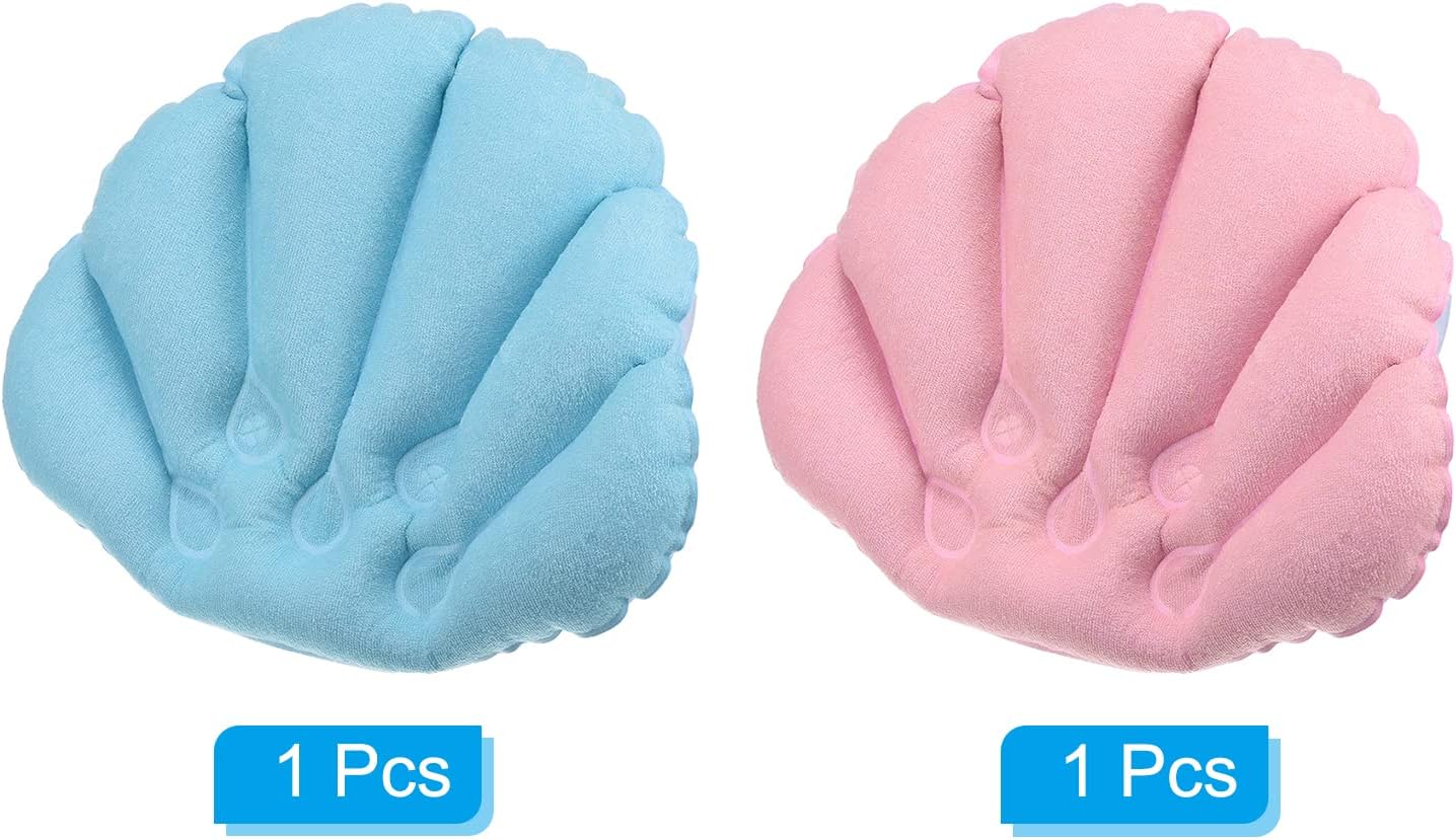 PATIKIL Inflatable Bath Pillow with Suction Cups, 2 Pack Terry Cloth Covered Shell Shape Soft Bath Spa Cushion Neck Support for Bathtub Hot Tub (Blue, Pink)
