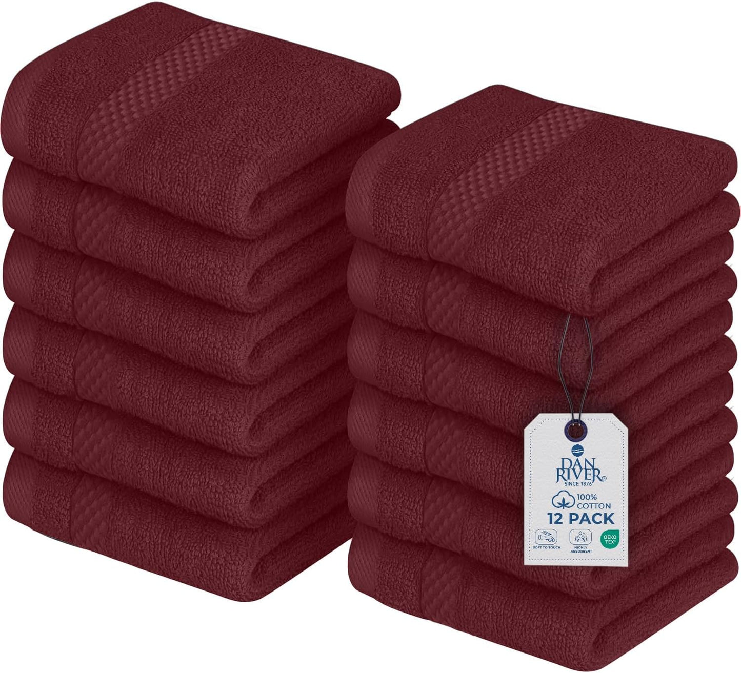 DAN RIVER 12-Pack Premium 100% Cotton Pomegranate Face Towels – Reusable Face Towel Set, Soft & Absorbent Luxury Wash Cloths for Bathroom & Body – Hand and Face Towels, 550 GSM (12x12 in)