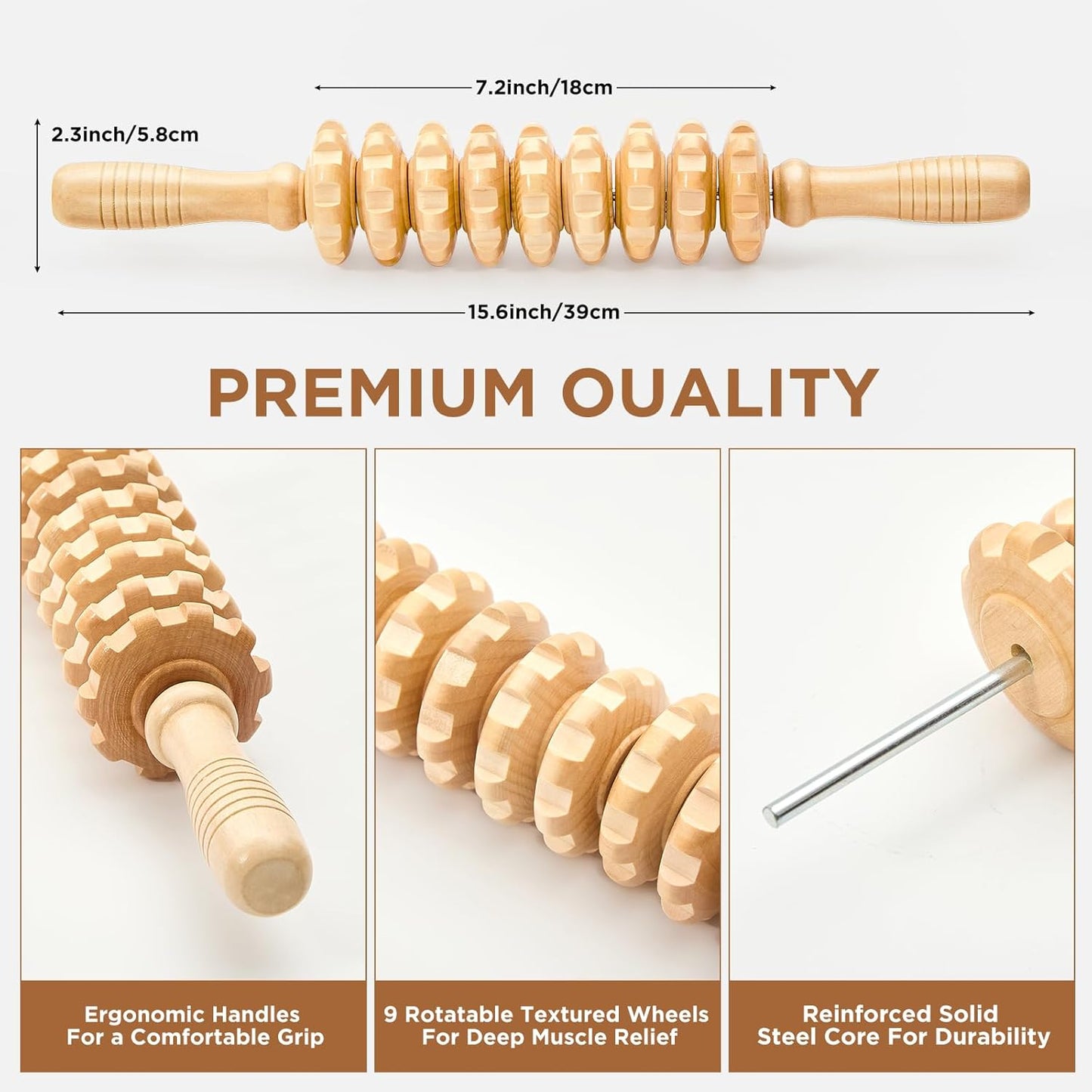 Wooden Cellulite Massage Roller for Legs and Thighs - Handheld Fascia Blaster Tool for Muscle Relief, Lymphatic Drainage & Body Sculpting - Anti Cellulite Massager for Women and Men (9 Wheel)