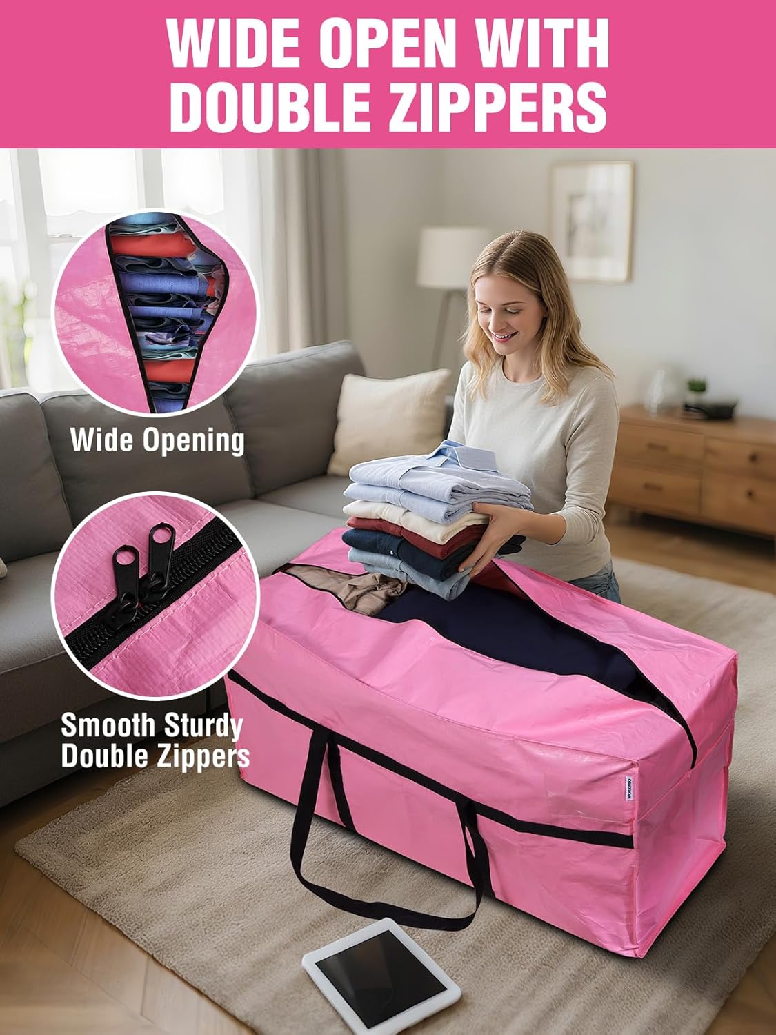 WORKPRO 66 Gallon Extra Large Moving Bags with Zippers, Carry Handles, Heavy-Duty, Water-Resistant Storage Totes for Moving & Space-Saving Organization, Pink