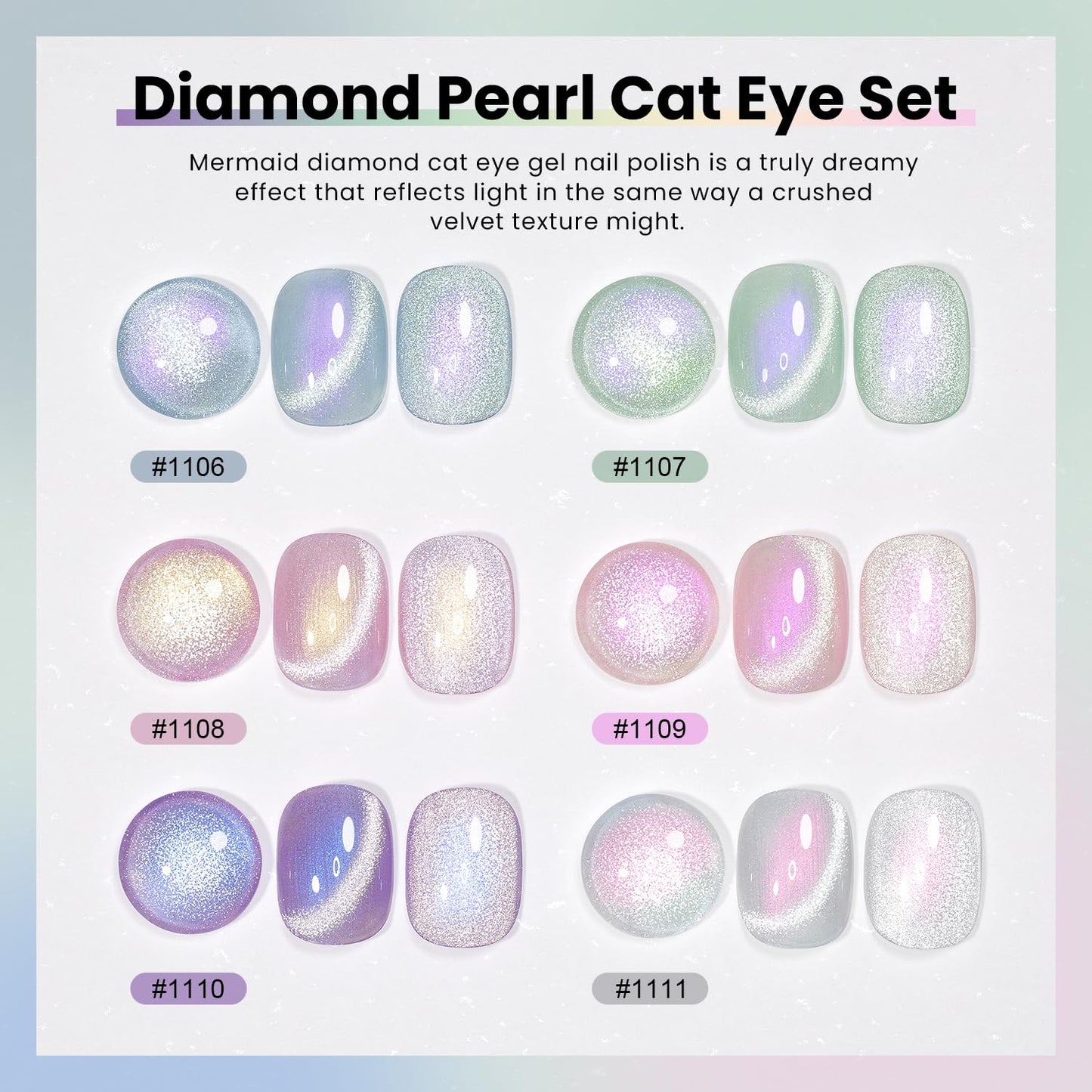 RARJSM Sparkle Diamond Pearl Cat Eye Gel Nail Polish Set 6pcs Velvet Silver Shimmer Pink Green Blue Purple White Glitter Mermaid Swirl Shell Thread Effect with Magnet Stick UV LED Curing Requires