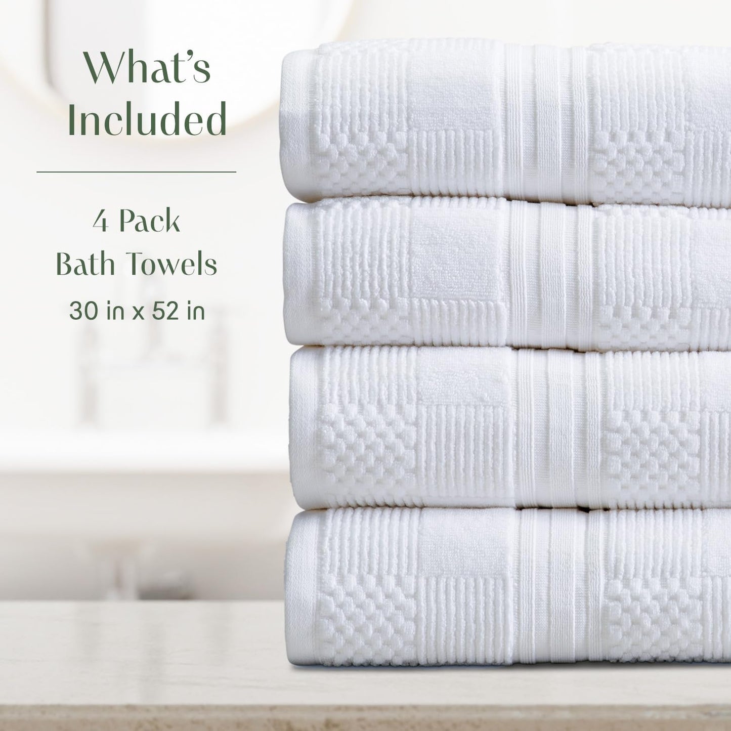 Springtree Home 100% Cotton Bath Towel Set of 4 | White Towels | Geometric Textured Design | Absorbent & Quick-Dry | 4 Bath Towels | Oeko-TEX® Standard 100 Cotton | Myla Collection - White