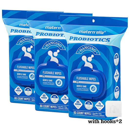 matern'ella Hanging Flushable Wipes Unscented Extra Large Corner-Connected Wet Wipes Adult Plant Based Fibers with Probiotics Alcohol Free Sewer Safe Butt Wipes Travel 3 Packs of 80 Wipes