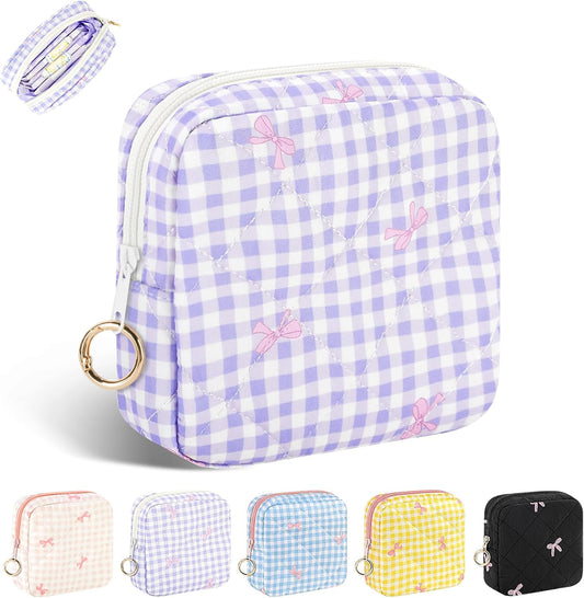 Period Bag for Teen Girls, Quilted Sanitary Napkin Storage Bag, Cute Bow Tie Menstrual Pad Pouch Tampon Holder (Plaid-Purple)