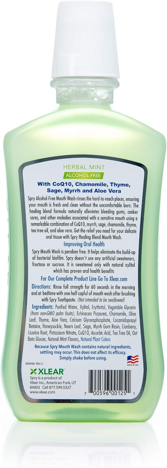 Spry Natural Xylitol Mouthwash Fluoride Free with Enamel Support, Alcohol-Free, Gentle, Non-GMO, Herbal Mint - 16 fl oz (Pack of 1)