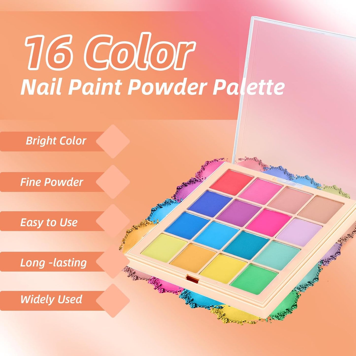 Nail Pigment Powder Palette Set, 16 Bright Colors Ombre Nail Powder Palette French Aura Nails Ombre Nail Brush Nail Long-lasting Manicure Art DIY Accessories (07)