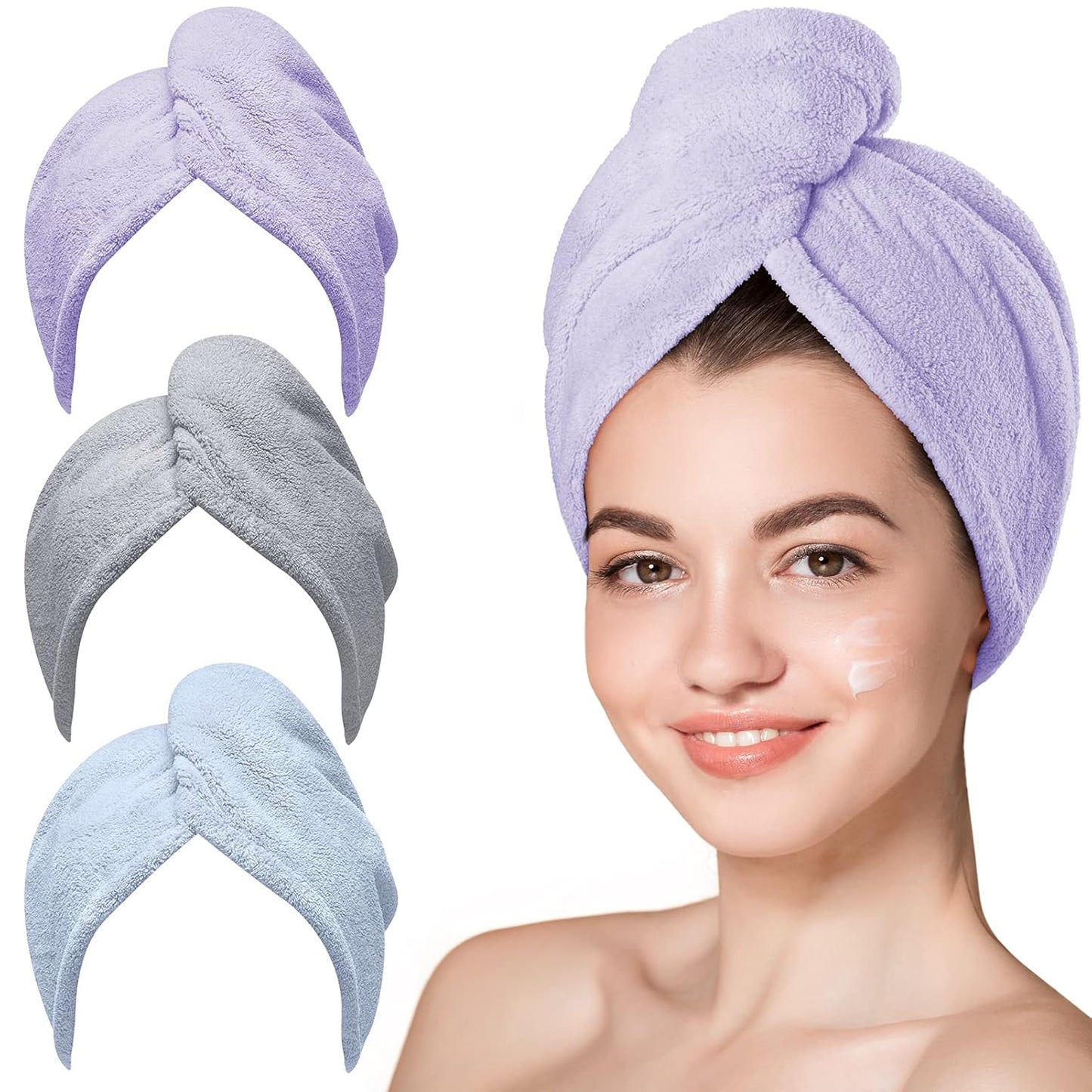 Hicober Microfiber Hair Towel, 3 Packs Hair Turbans for Wet Hair, Drying Hair Wrap Towels for Curly Hair Women Anti Frizz(Purple, Blue, Grey)
