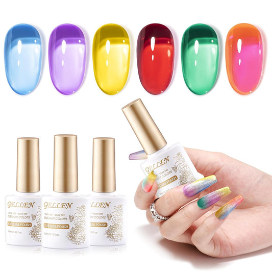 GELLEN Bright Neon Gel Polish, Sheer Pastel Jelly Nail Polish Gel, UV Light Quick Dry Long Lasting, Soak Off Glass Rainbow 6 Colors Set for Women Girls Acrylic Fingernail Toe Nails, Non Toxic