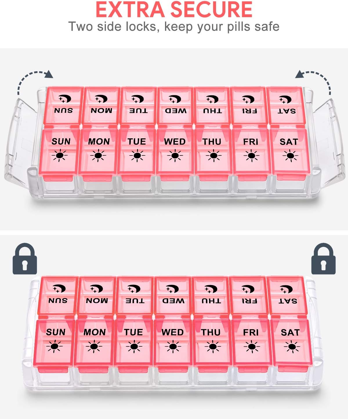 Weekly Pill Organizer 7 Day 2 Times a Day Extra Large, Quick Fill 2022 Fullicon AM PM XL Daily Pill Cases Pill Box with Detachable Base - Pink (Patent Registered)