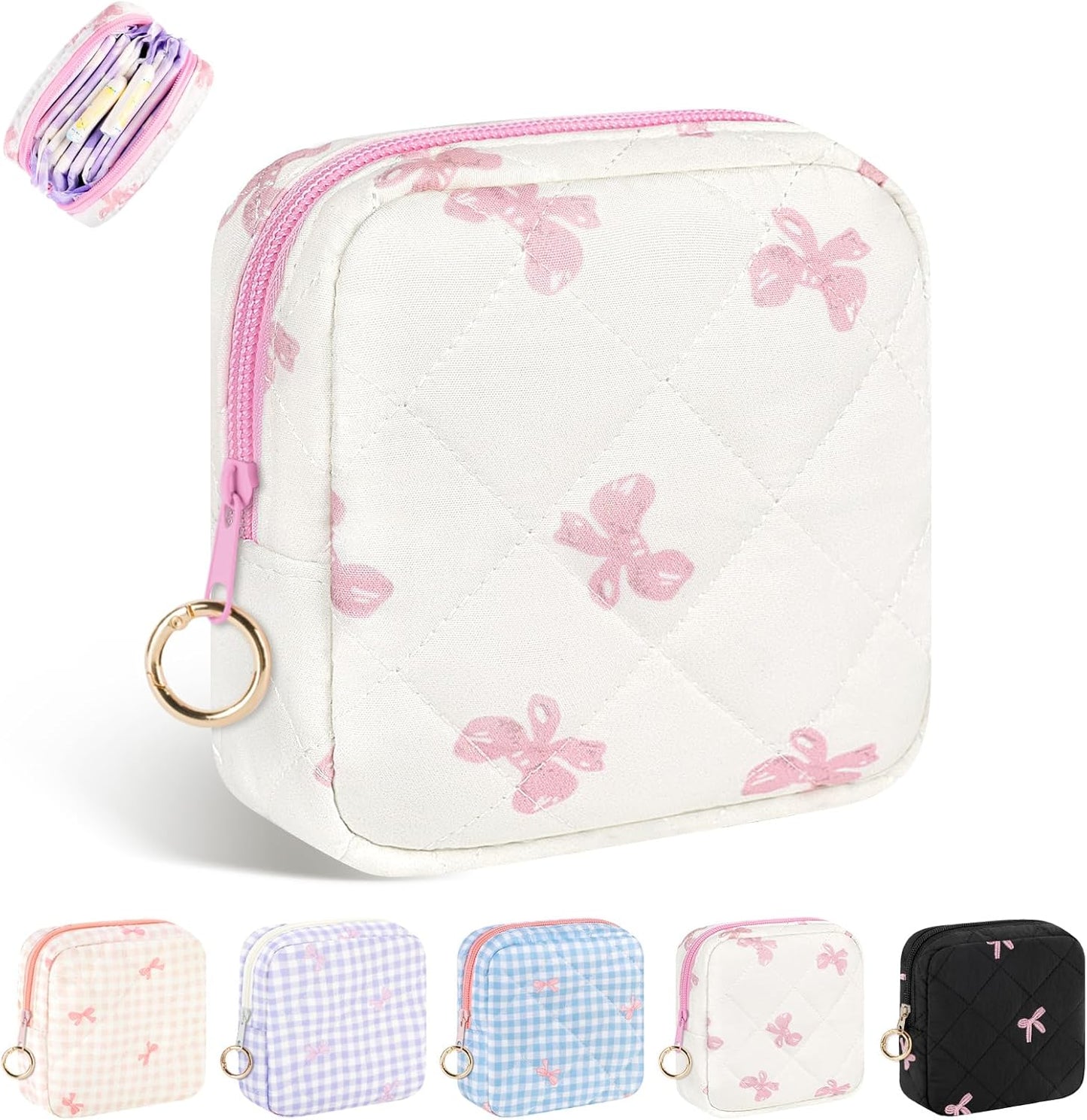 Period Bag for Teen Girls, Quilted Sanitary Napkin Storage Bag, Cute Bow Tie Menstrual Pad Pouch Tampon Holder (White)