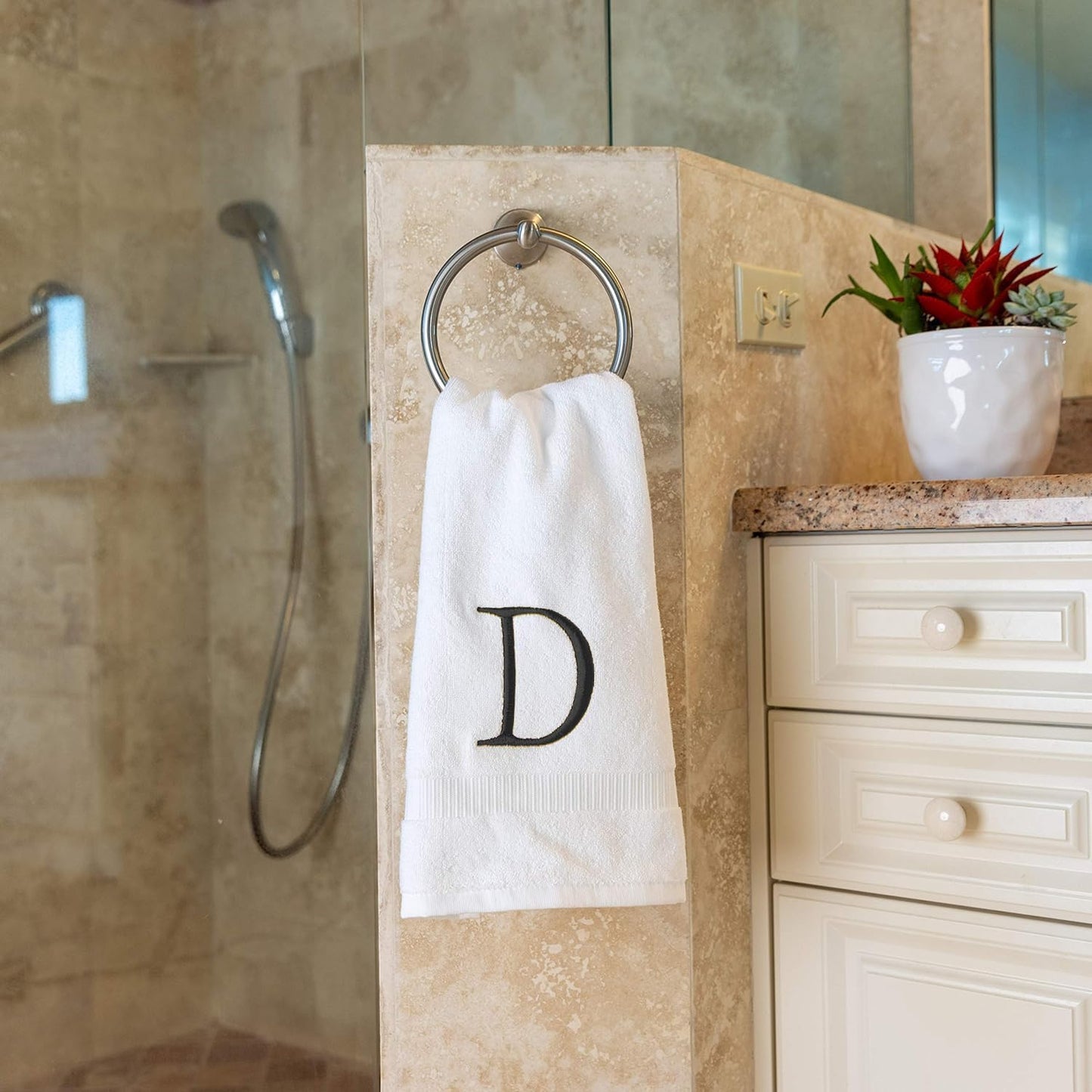 Dark Gray Luxury Hand Towel for Bathroom - Monogrammed Initial Hotel Quality Decorative Embroidered Towel for Powder Room, Spa - GOTS Organic Certified - Pack of 2, Letter D