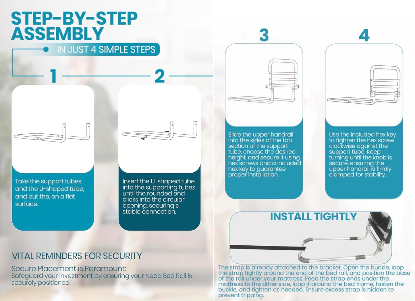 NEDA Adjustable Bed Rails for Elderly Adults – Medical Bed Assist Handle, Safety Support Rail for Seniors, Bedside Rail for All Bed Sizes ASTM F3186-17 & 16 CFR 1270 CPSC Certified