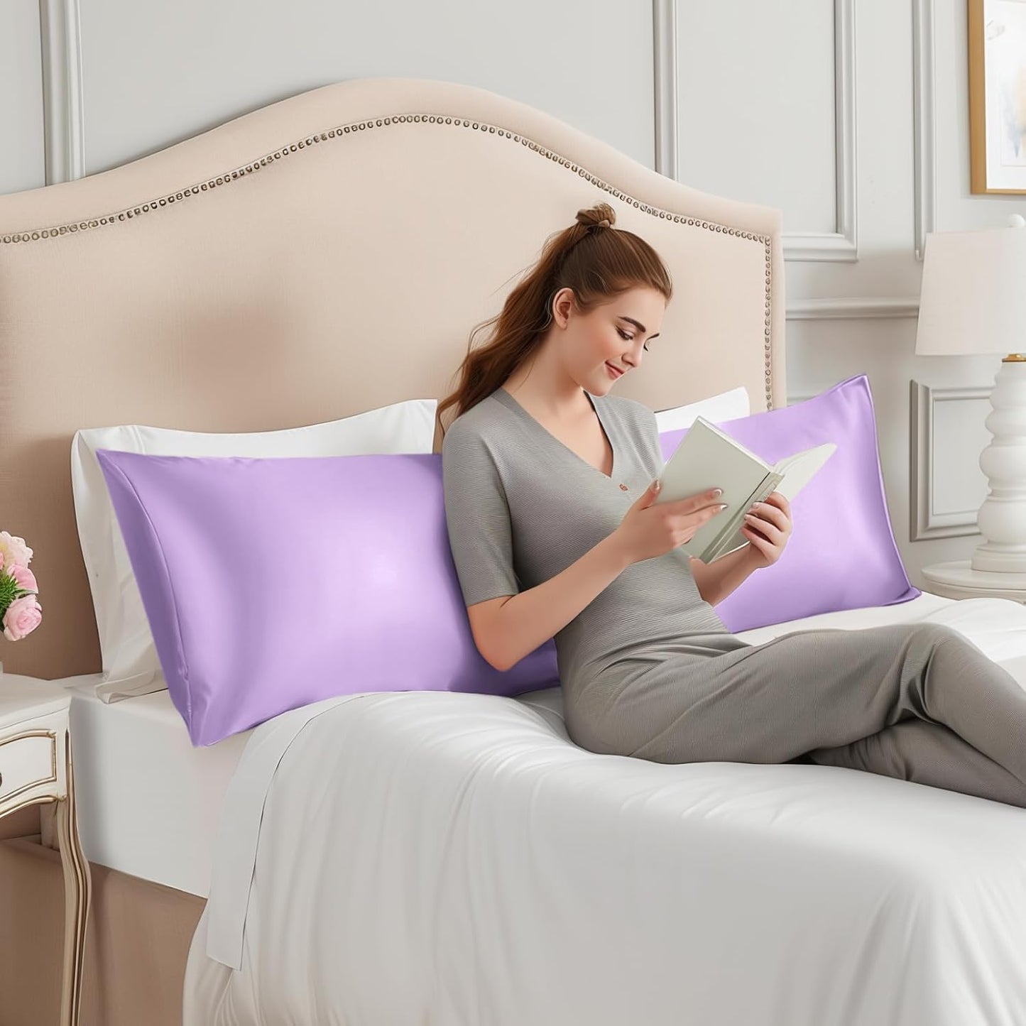 INFIIXSO Body Pillow Cover with Zipper, Luxury Mulberry Silk Body Pillow Case 20x54 Inches, Ultra Smooth and Soft Cooling Long Pillowcase, Gift for Women, Men(Lavender)