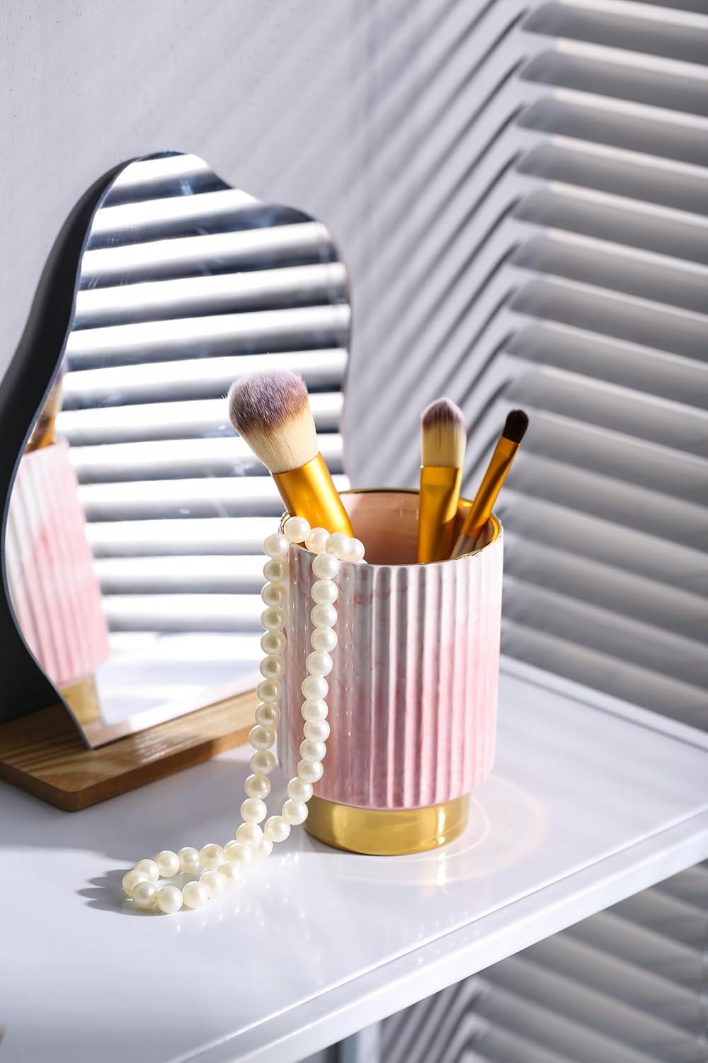 IEEK Pink and Gold Makeup Brush Holder Organizer,Glass Cosmetics Brushes Cup Eyebrow Pencil Pen Container,European Style Striped Brushes Storage,Ceramics Decor for Bathroom Dresser Vanity Desktop