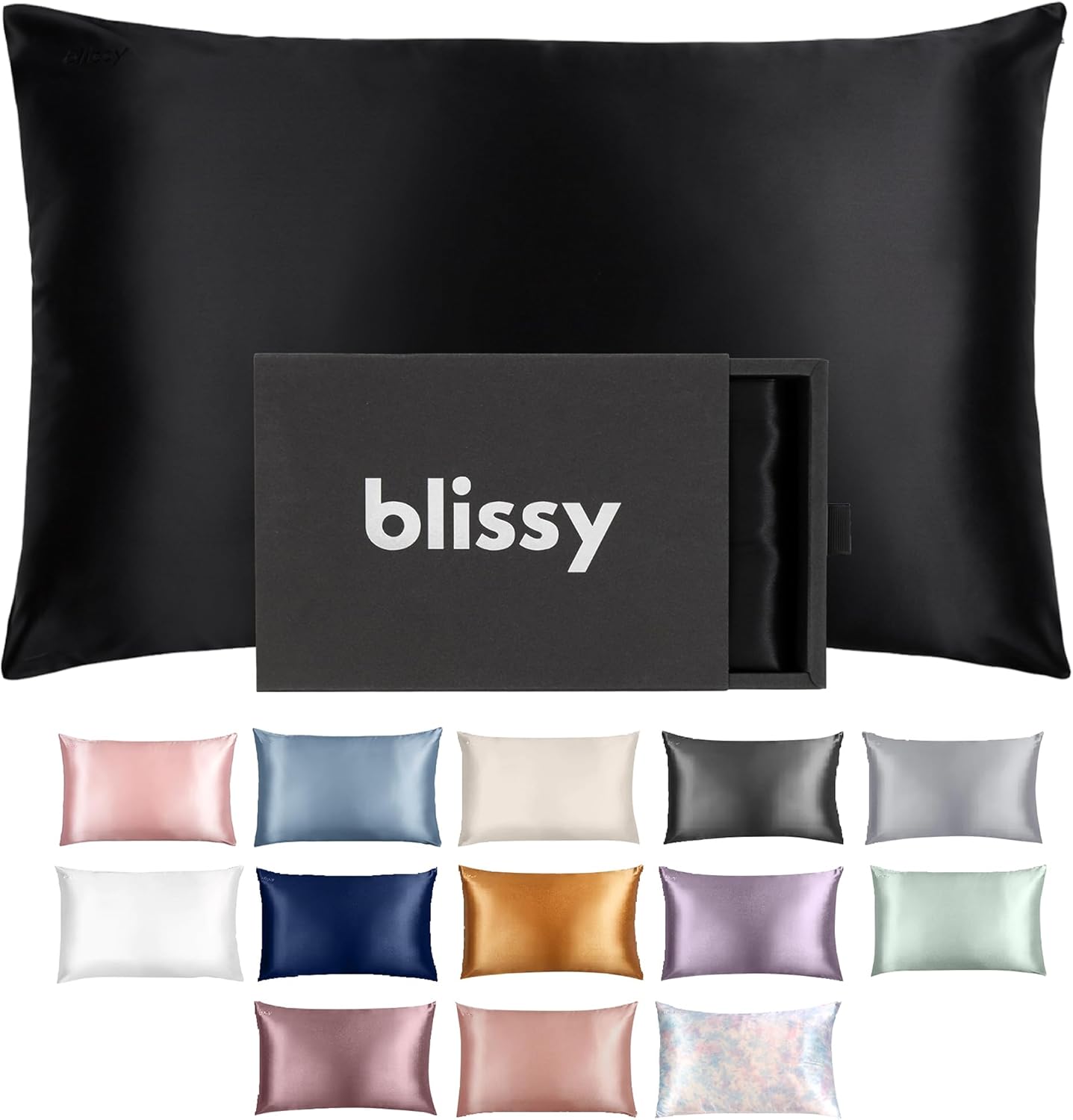 Blissy Silk Pillowcase - 100% Pure Mulberry Silk - 22 Momme 6A High-Grade Fibers - Silk Pillow Cover for Hair & Skin - Regular, Queen & King (Black, Standard)