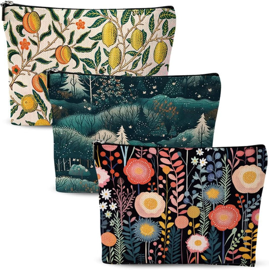 3Pcs Classic Forest Flower Fruit Makeup Bag Cosmetic Bags for Women, Abstract Botanical Travel Toiletry Bag, Thank You Anniversary Birthday Friendship Gifts for Women Girls Mom Friends Teacher