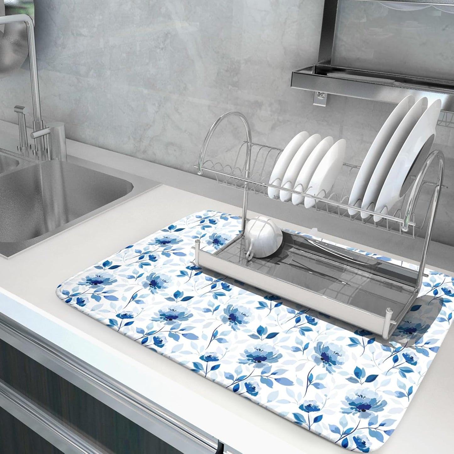 Blue Floral Dish Drying Mat 18x24 inch Flower Leaves Dish Rack Pad Microfiber Washable Dishes Drainer Pad Kitchen Countertop Accessories