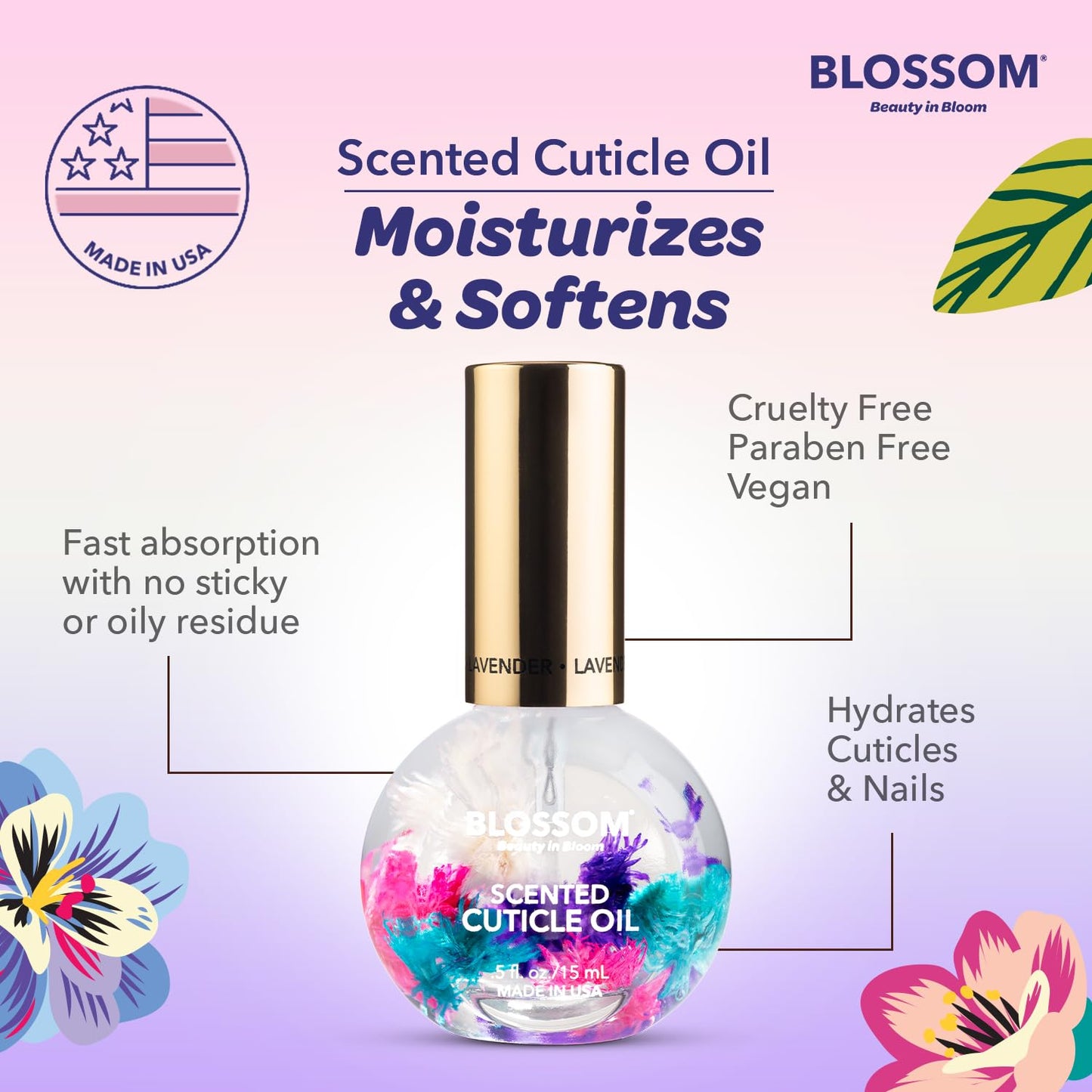 Blossom Cuticle Oil for Nails, Hydrating, Moisturizing, Scented Nail Oil Cuticle Care, Infused with Real Flowers, Made in USA, 0.5 fl. oz, Lavender
