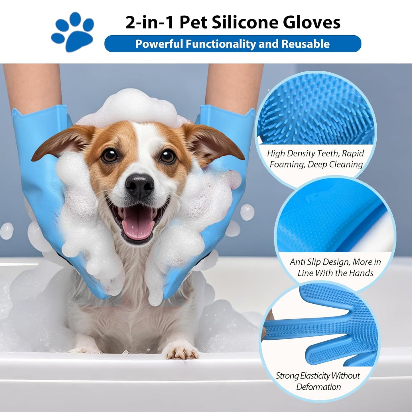 Dog Washing Gloves -Dog Bath Brush - Dog Bath Gloves - Dog Shampoo Brush - Pet Grooming Gloves -Cat Grooming Supplies_ Dog Bath Supplies（1 Pair Blue