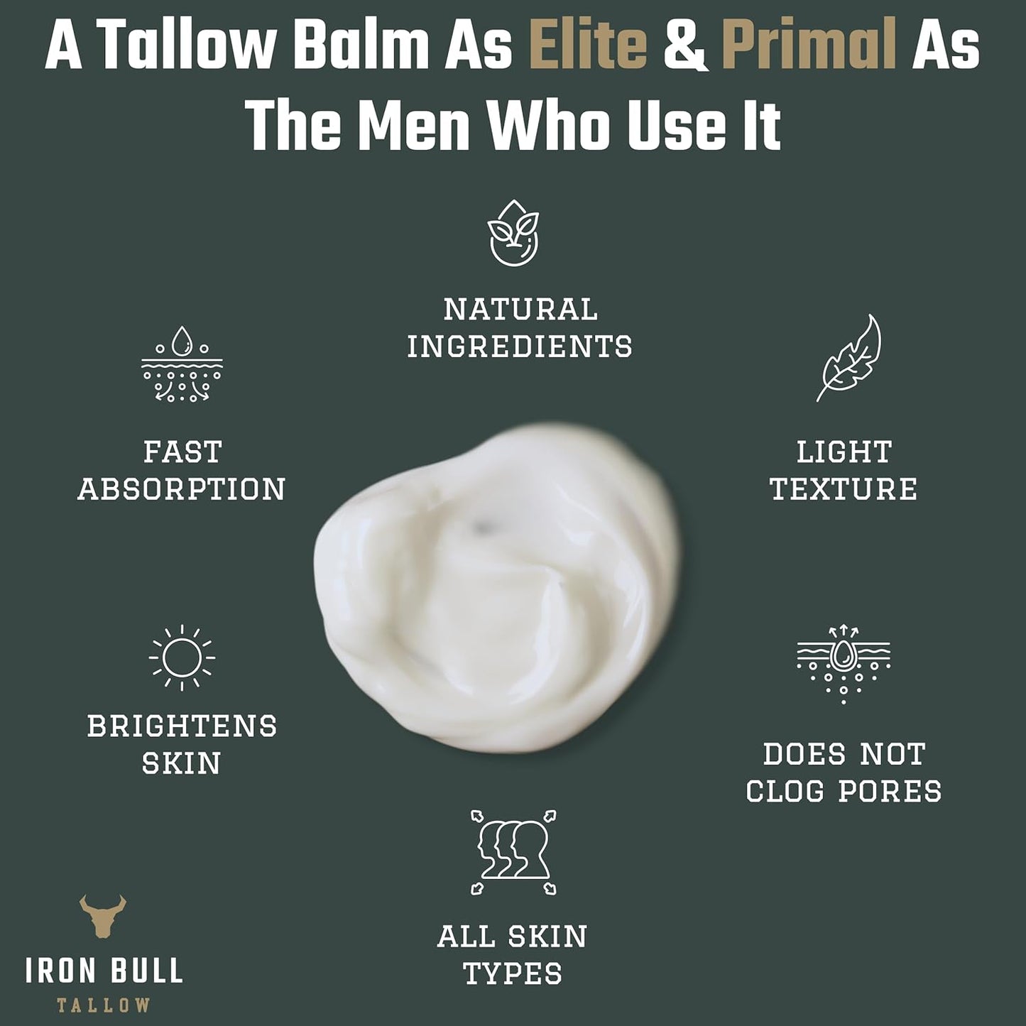 Iron Bull Beef Tallow Face Moisturizer for Men. Anti-Aging With Hyaluronic Acid for Wrinkles. Grass-Fed Beef Tallow Skin Balm & Jojoba Oil for All Skin Types. Natural Formula With a Clean Scent - 2 oz