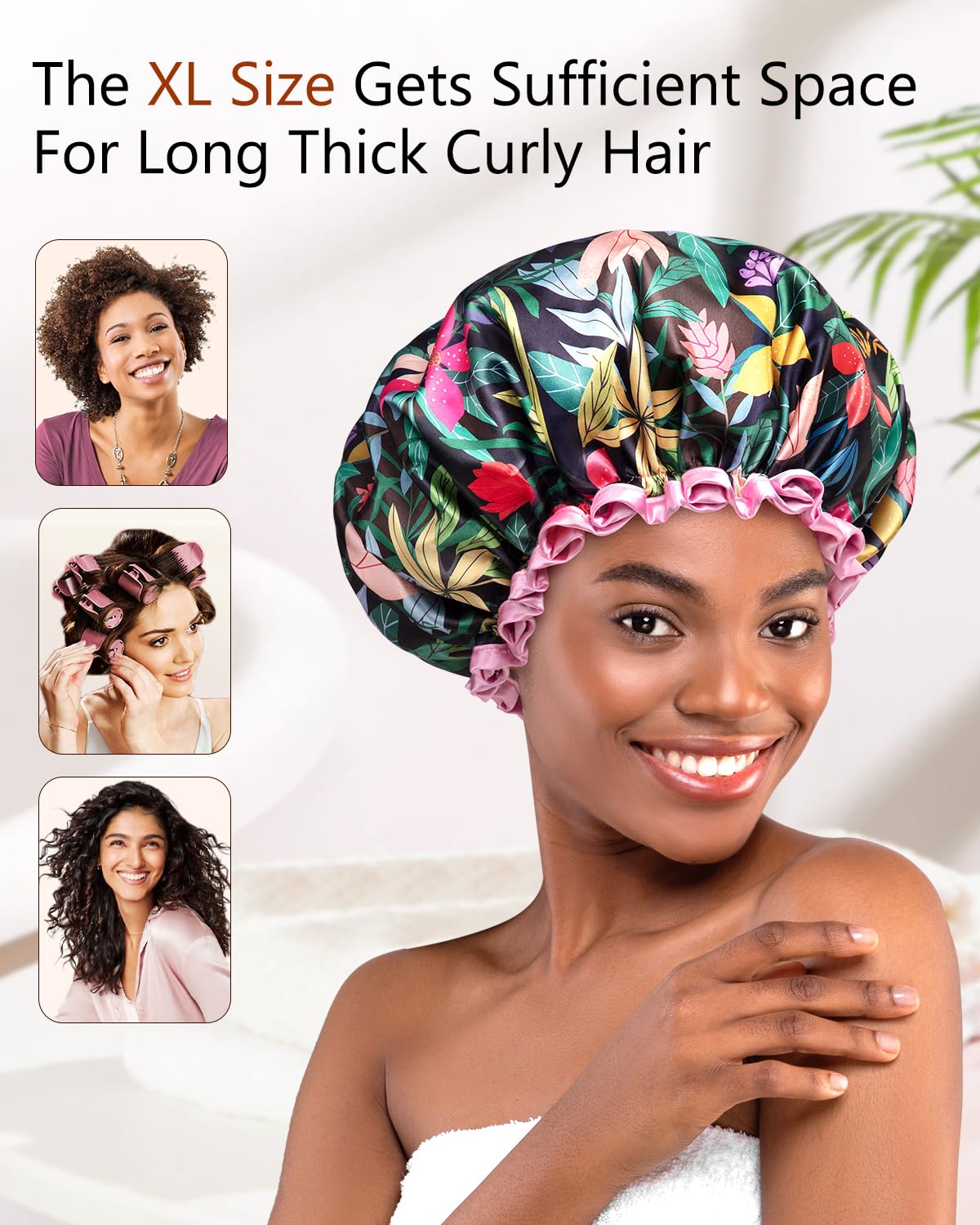 mikimini Large Shower Cap for Women Long Hair, Rainforest Bath Shower Caps with Pink Lace, Reusable Waterproof Shower Hat for Girls