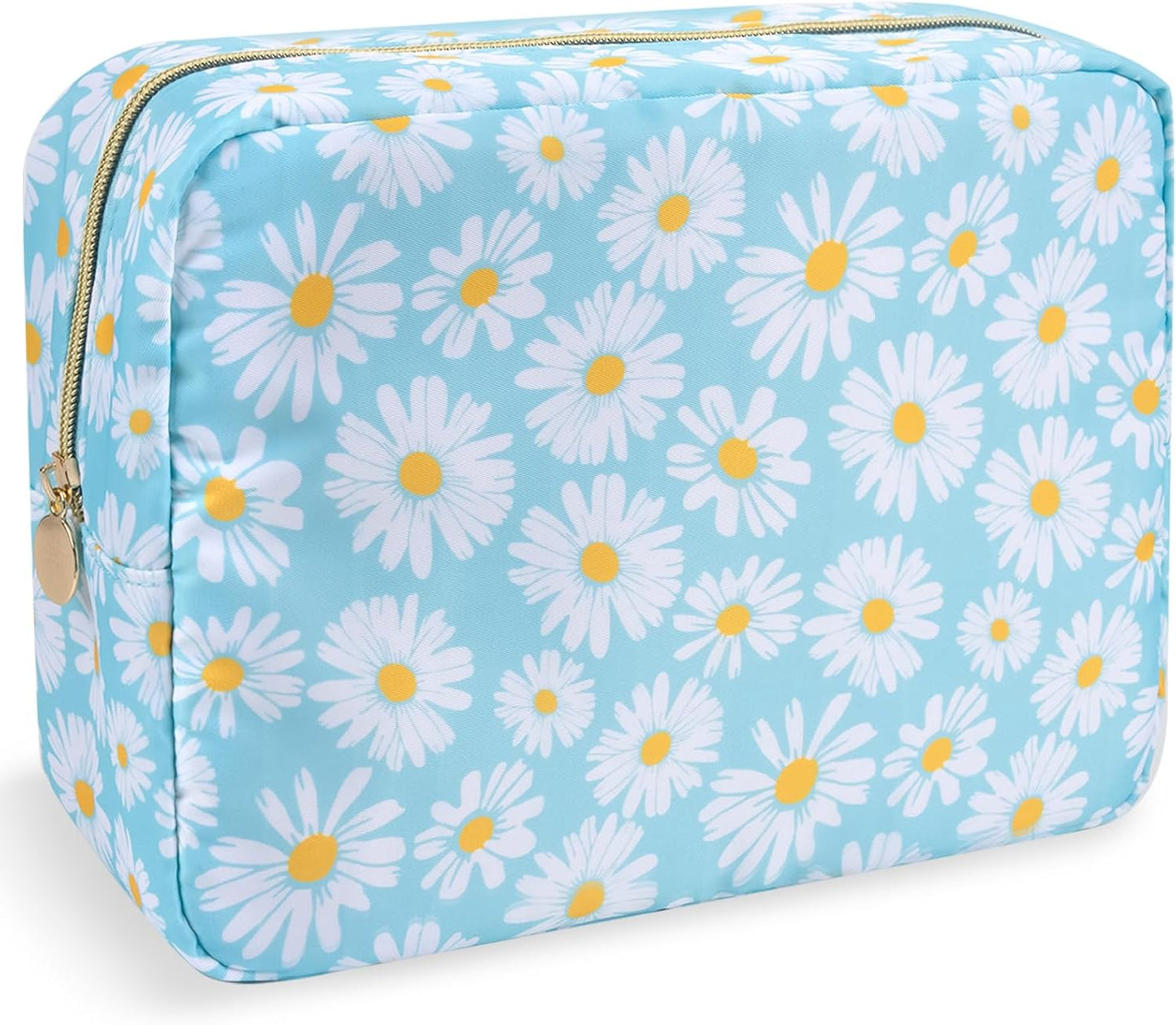 Nylon Large Floral Makeup Organizer Bag, Preppy Big Cute Flower Cosmetic Zipper Pouch Multi-compartment with Dividers, Waterproof Toiletry Make Up Brushes Bag Travel Essentials for Women(Blue-Daisy)