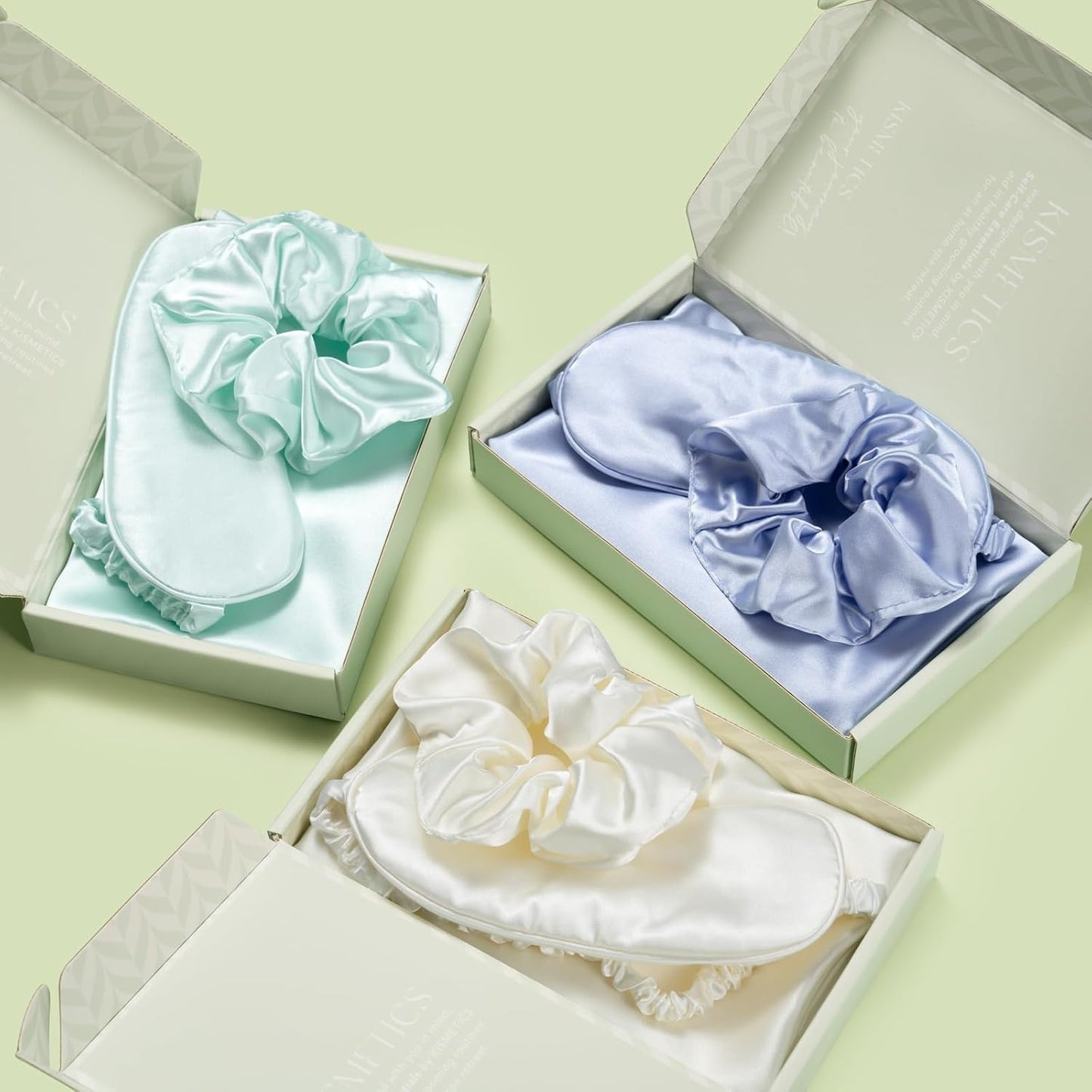 Vegan Silk Sleep Set, Vegan Silk Pillowcase with Large Scrunchie and Eye Mask for Hair and Skin, Self Care Essential Satin Night Routine Kit (Cream Color)