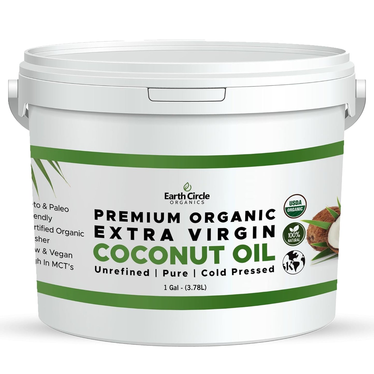 Earth Circle Organics Premium Ultra-Pure Unrefined Cold Pressed Extra Virgin Coconut Oil - Gluten-Free, Keto & Paleo Friendly - Raw Coconut Oil for Skin & Hair Care, Cooking, Baking & More - 1 Gallon